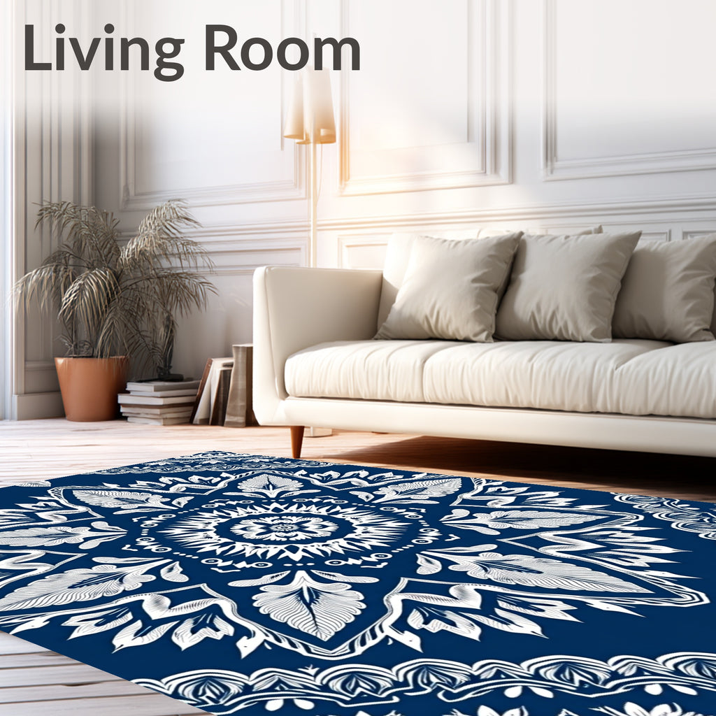 Navy Blue White Floral Medallion Mandala Rug