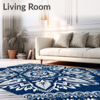 Navy Blue White Floral Medallion Mandala Rug