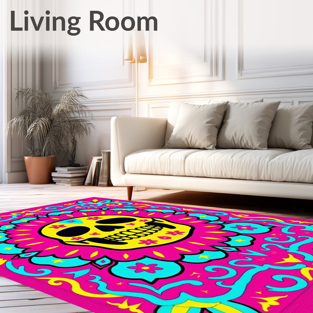 Vibrant Yellow Skull Floral Frame Rug