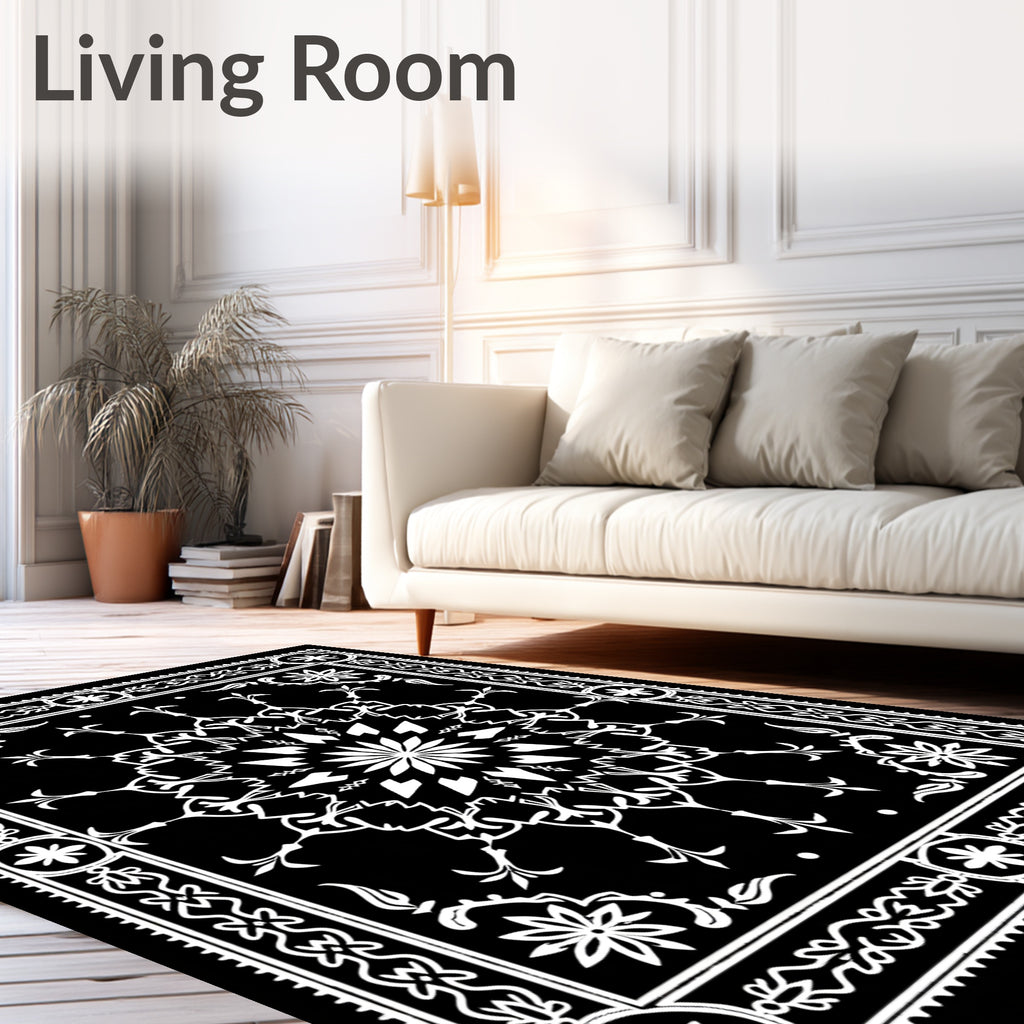 Black White Mandala Floral Border Rug