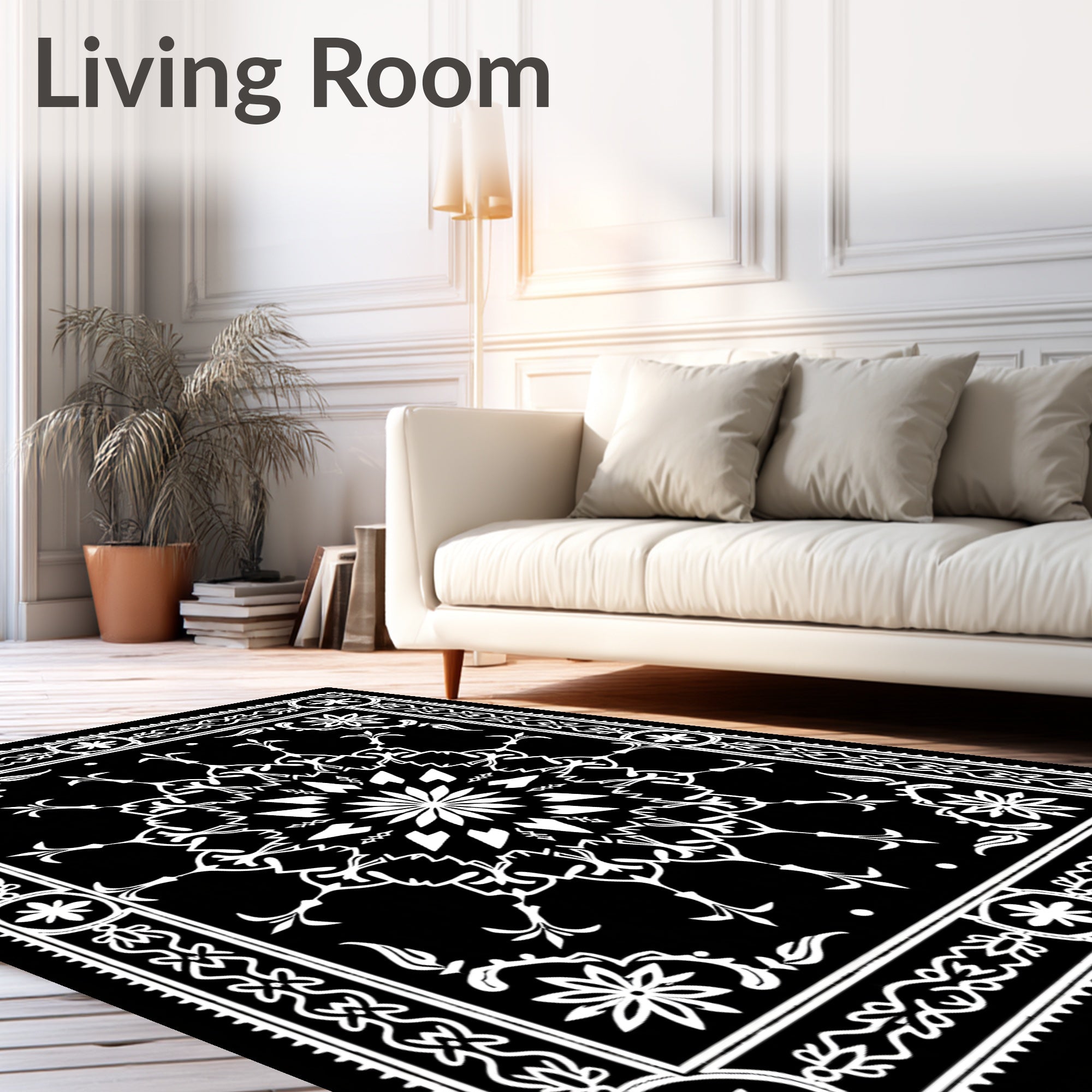 Black White Mandala Floral Border Rug