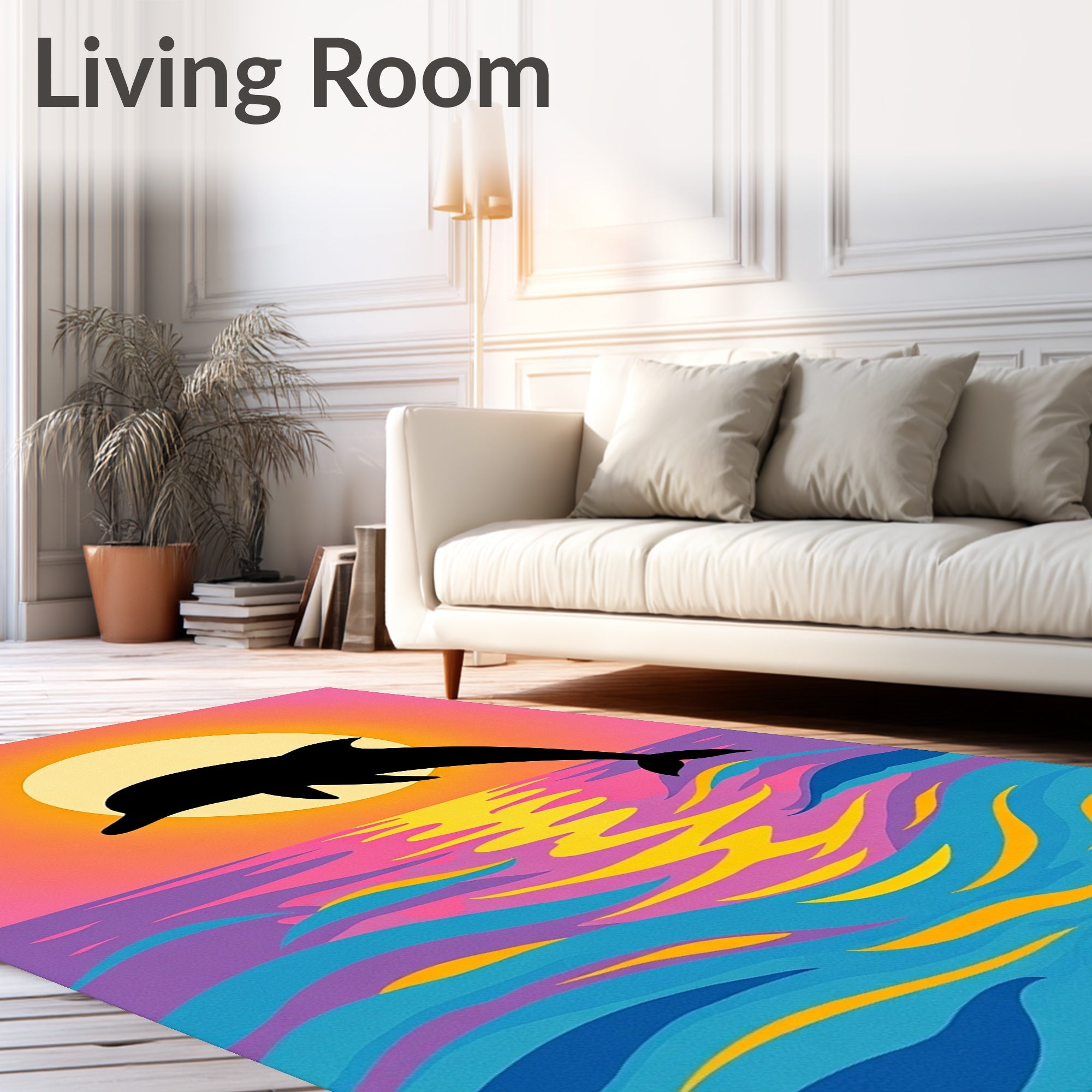 Vibrant Dolphin Sunset Ocean Waves Rug