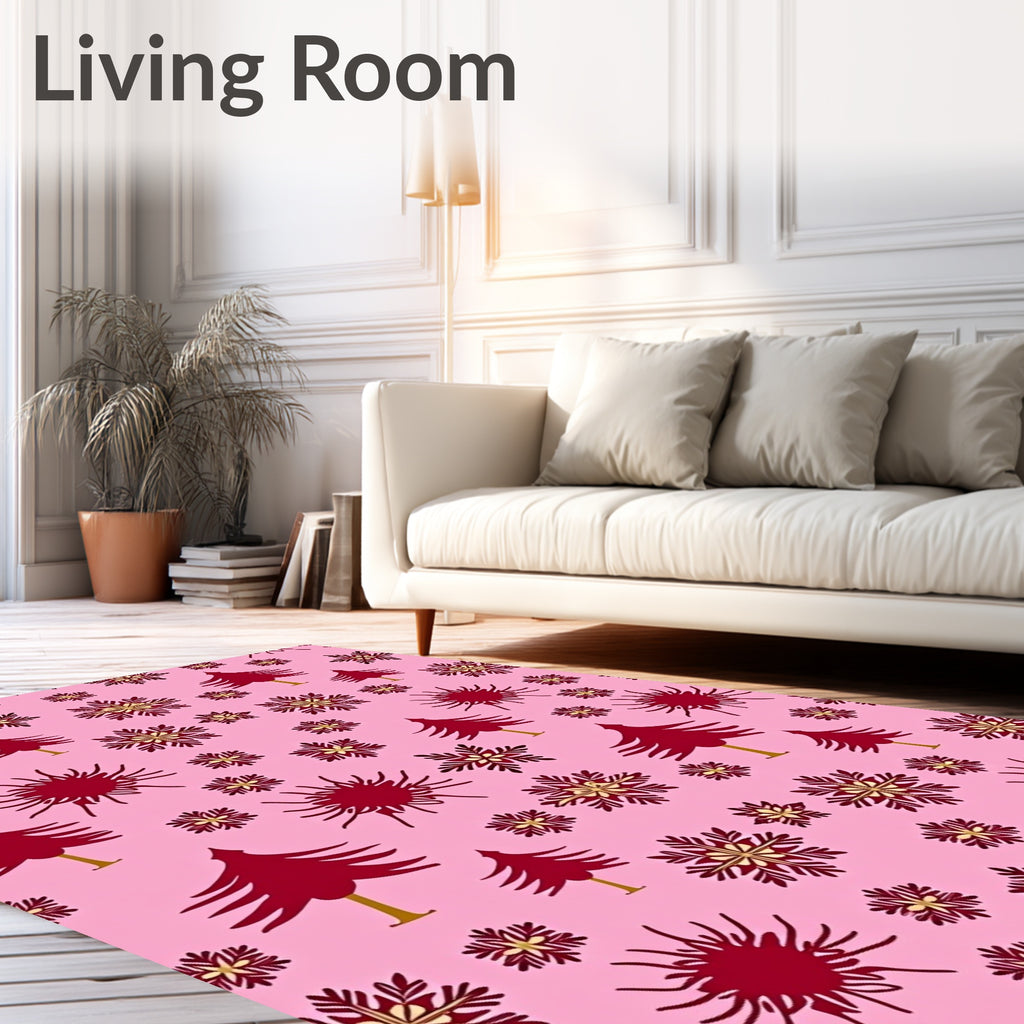Maroon Trees Snowflakes Pink Background Rug