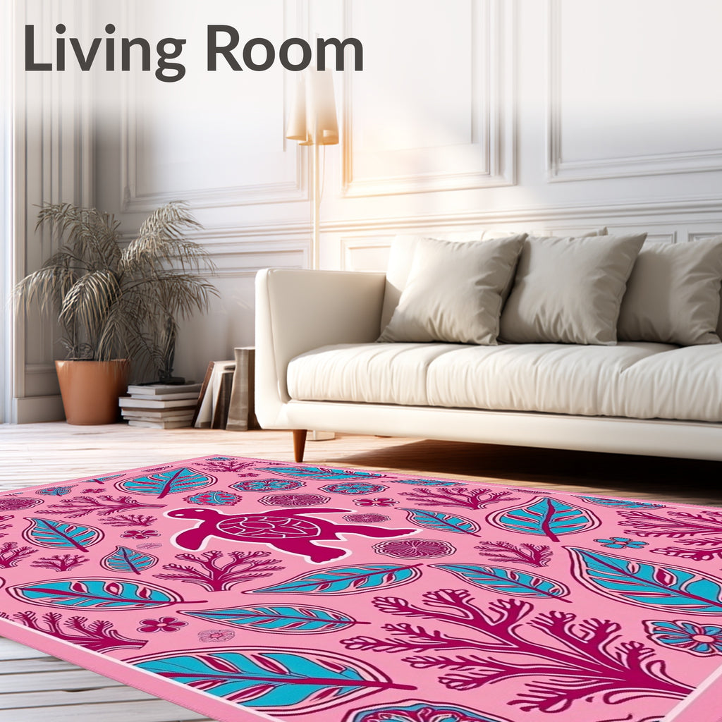 Pink Teal Turtle Coral Leaf Mandala Rug