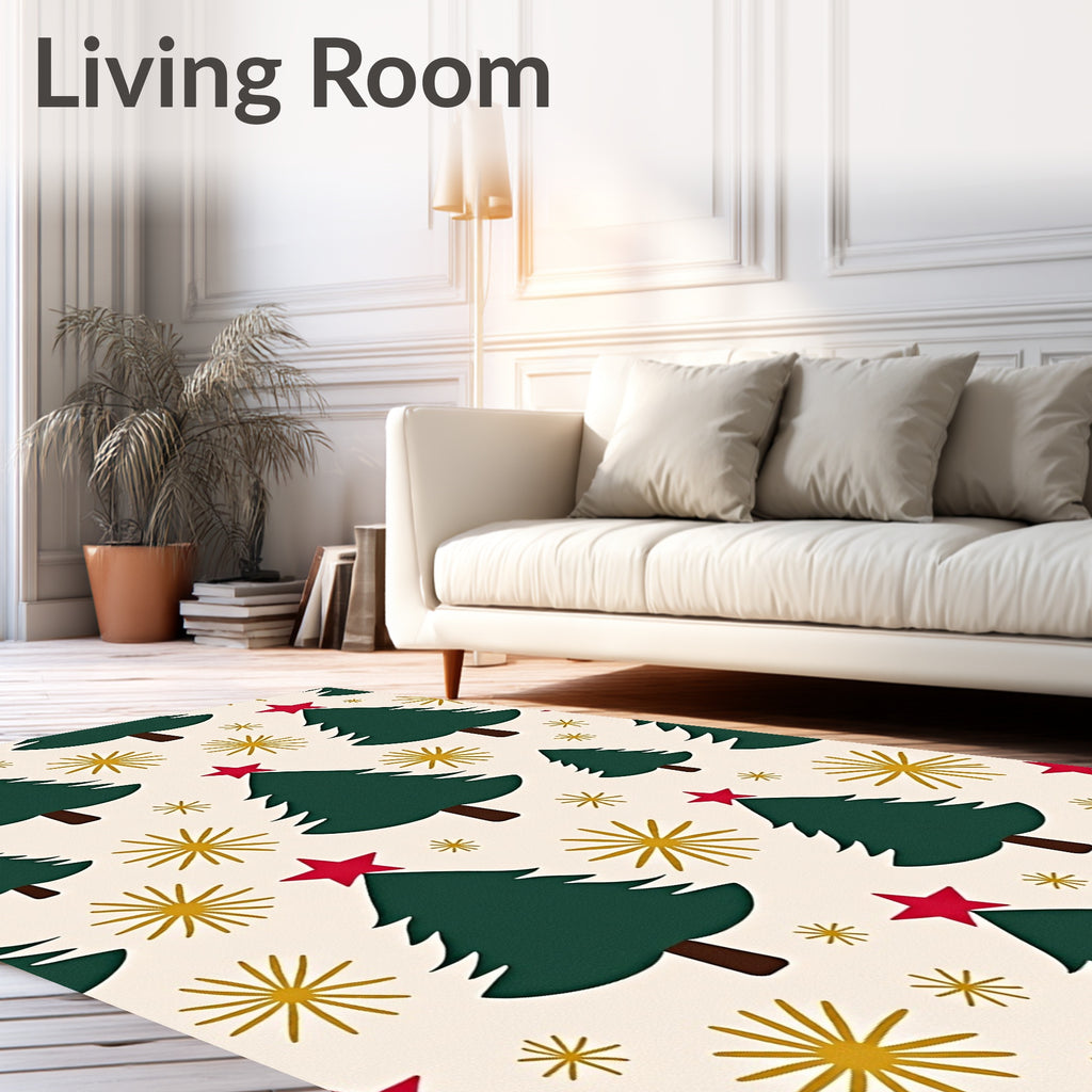 Festive Green Christmas Trees Red Stars Rug