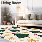 Festive Green Christmas Trees Red Stars Rug