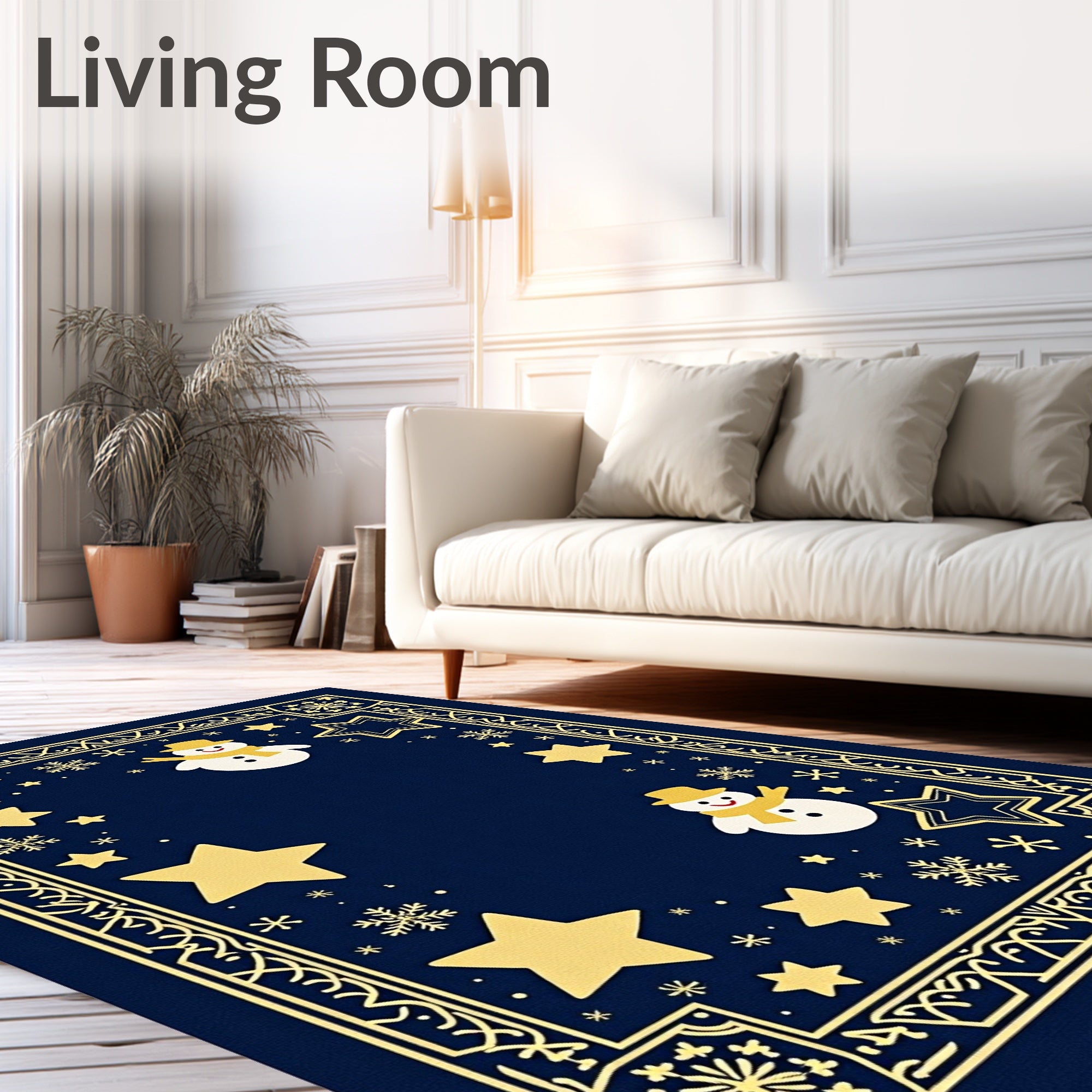 Midnight Blue Snowman Star Festive Border Rug