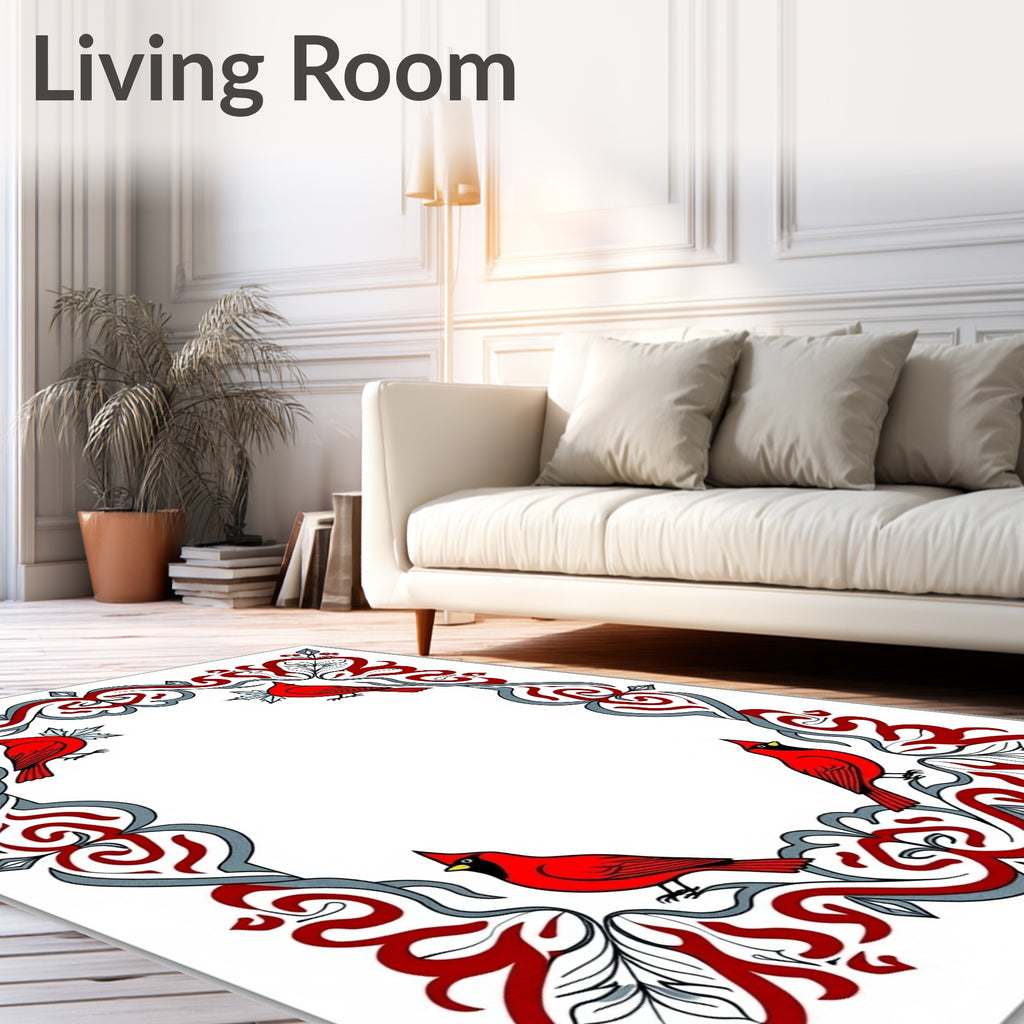 Crimson Cardinal With Red Leaf Scrollwork Rug