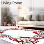 Crimson Cardinal With Red Leaf Scrollwork Rug