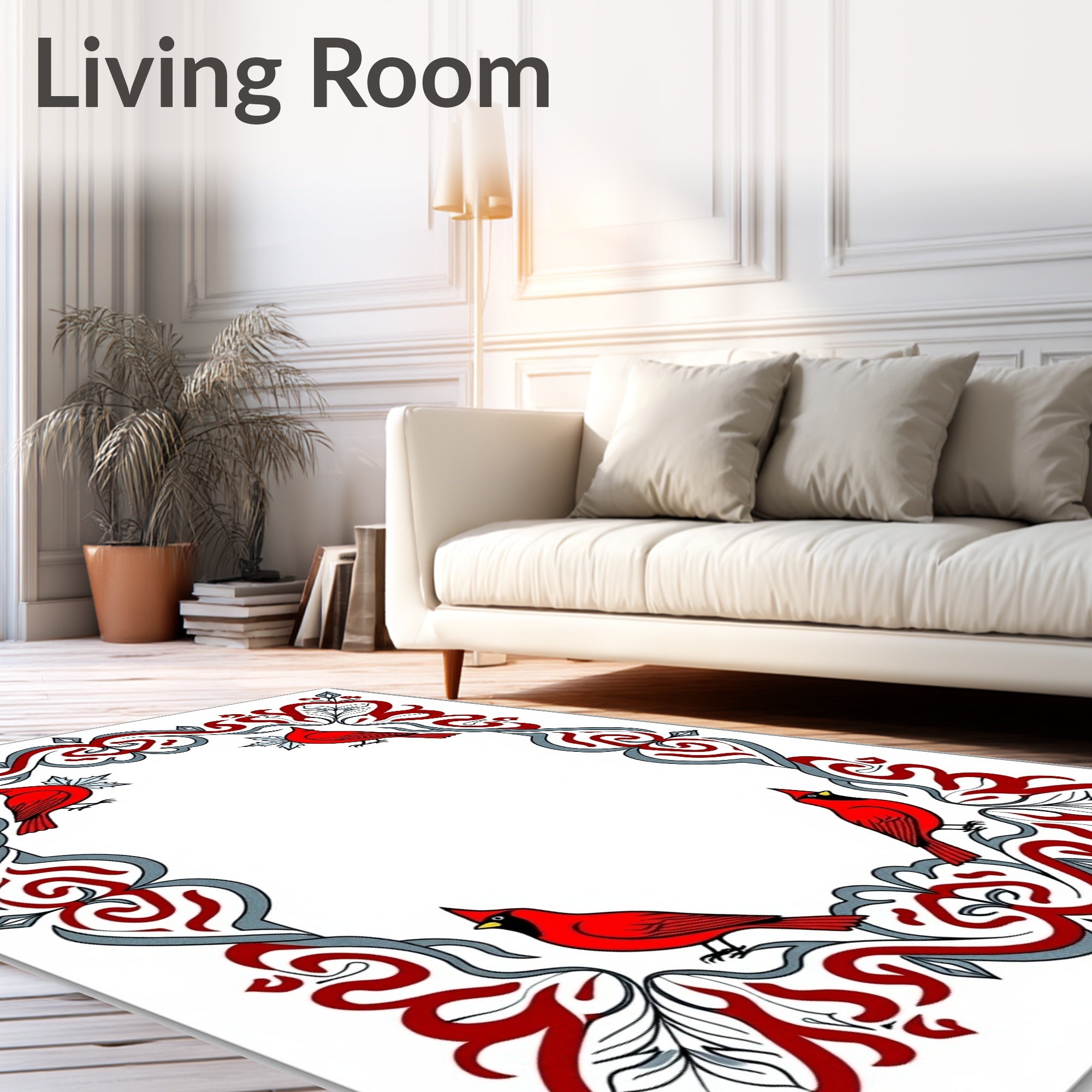 Crimson Cardinal With Red Leaf Scrollwork Rug