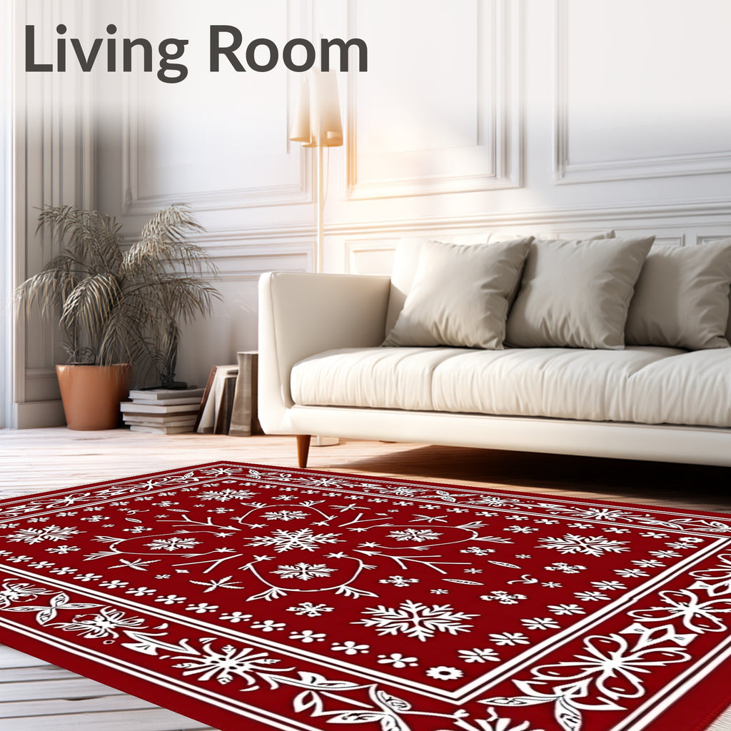 Crimson White Snowflake Folk Art Rug