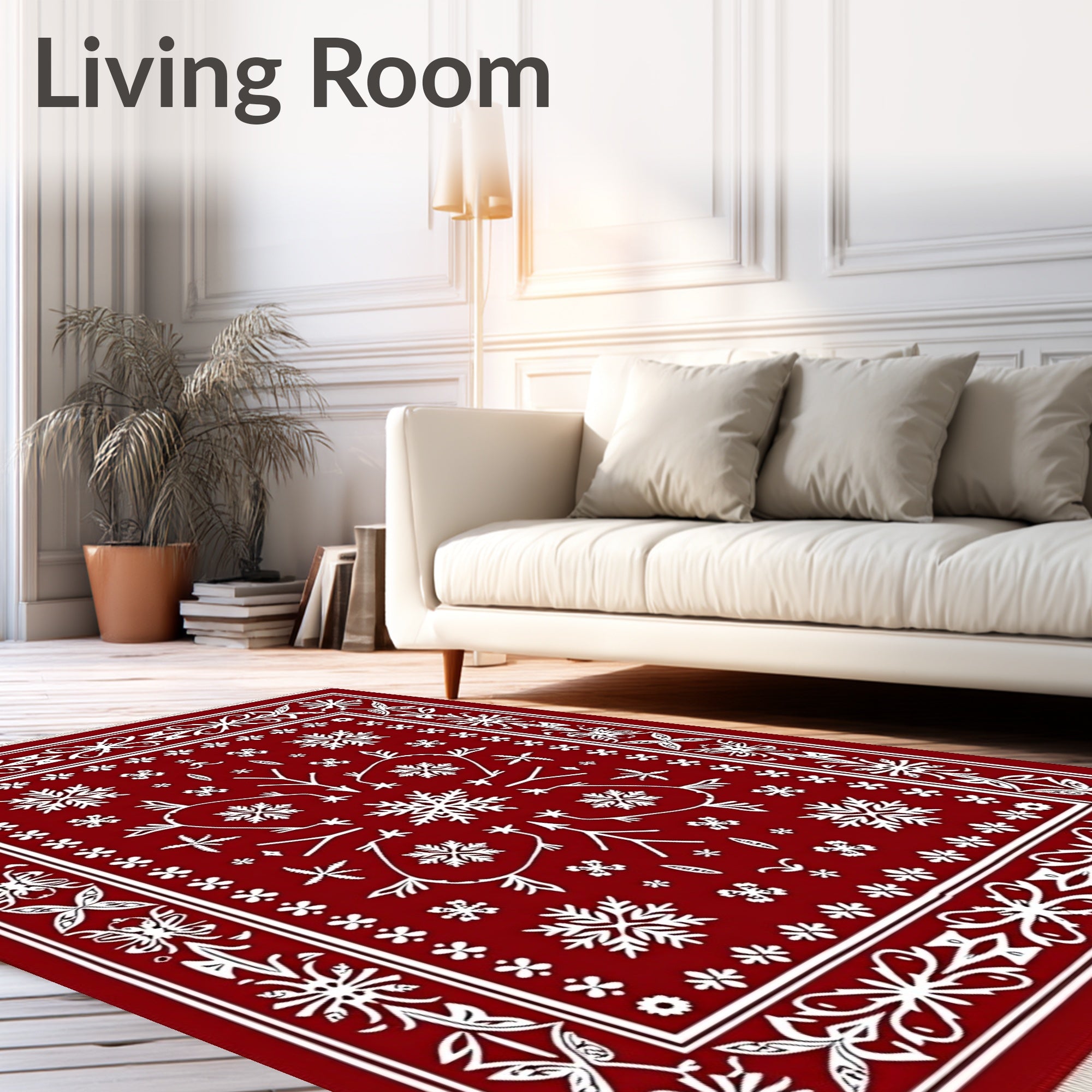 Crimson White Snowflake Folk Art Rug