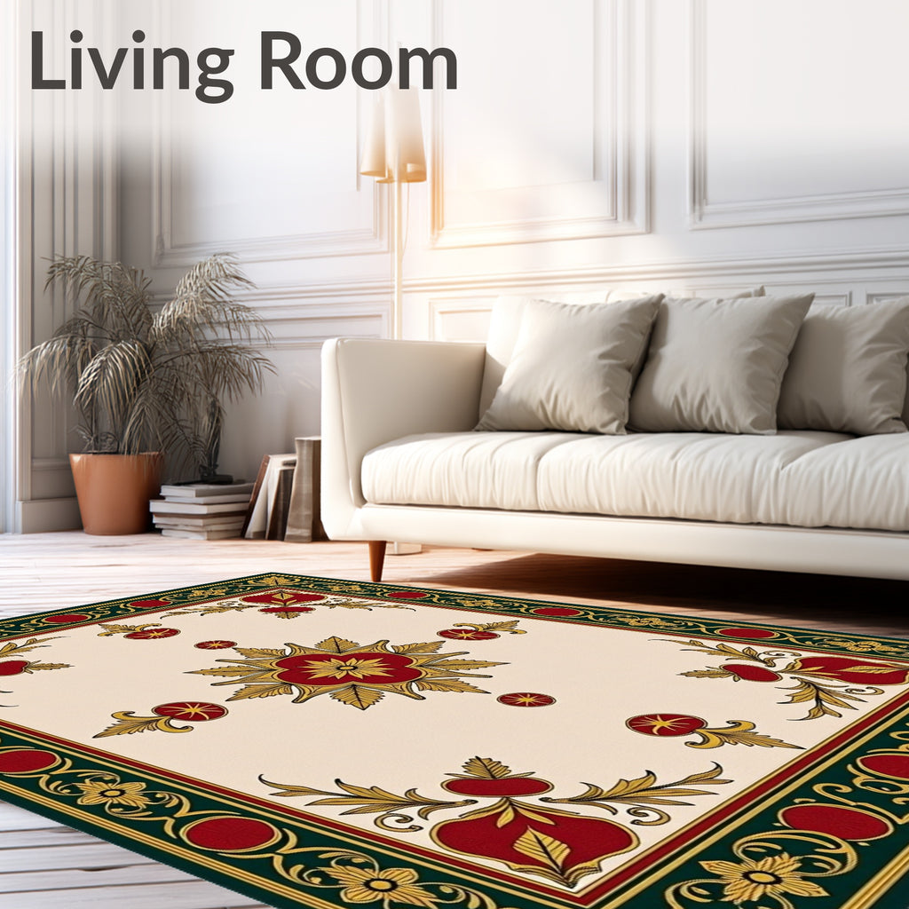 Crimson Gold Leaf Floral Centerpiece Rug