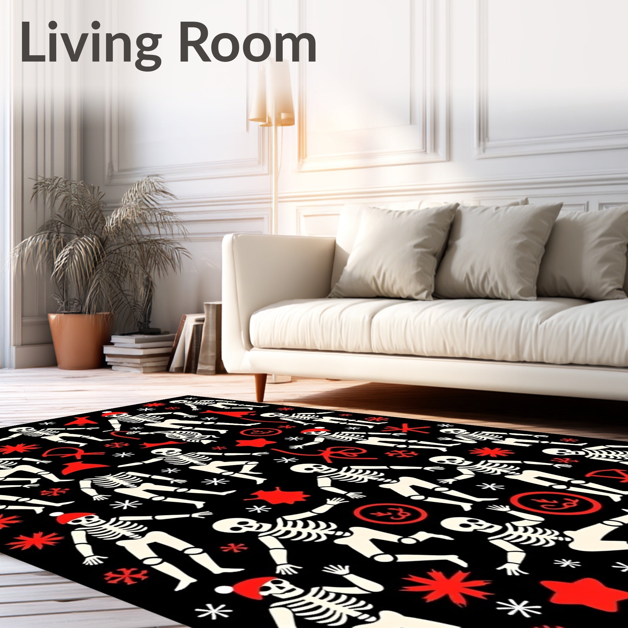 Festive Skeleton Snowflake Stars Black Rug
