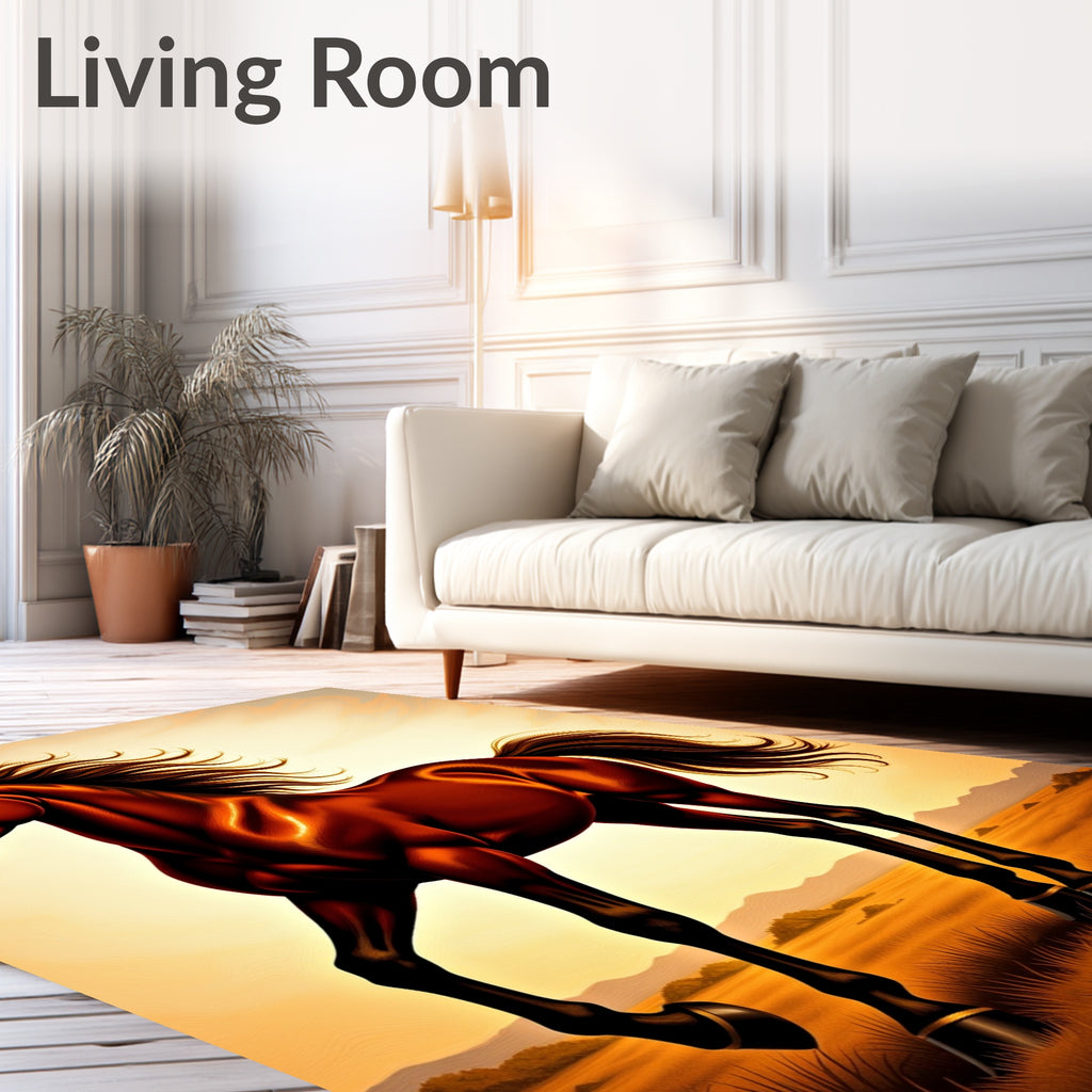 Galloping Chestnut Horse in Sunset Landscape Rug