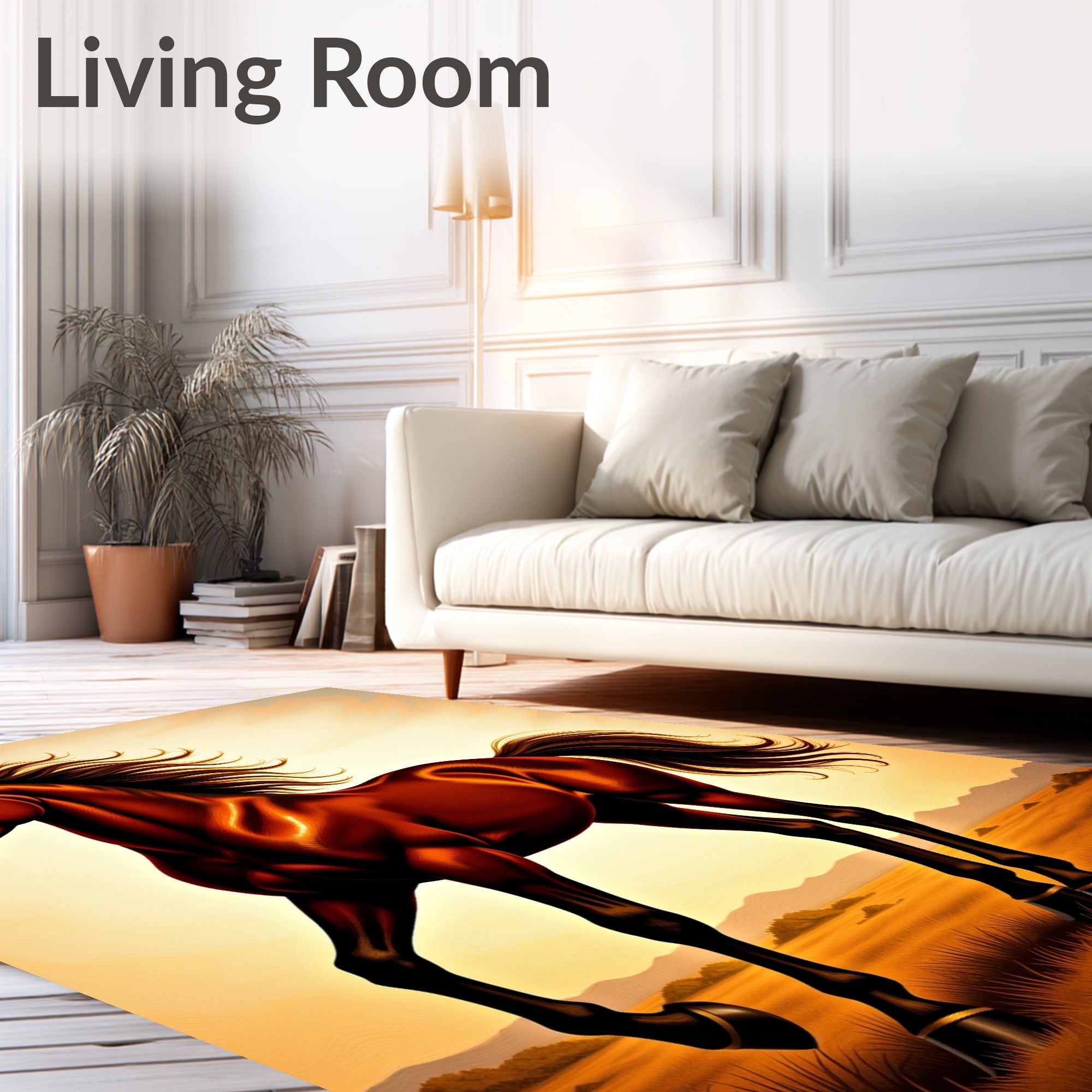 Galloping Chestnut Horse in Sunset Landscape Rug