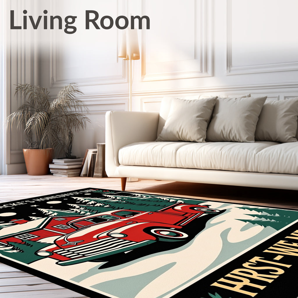 Vintage Red Truck Winter Cabin Scene Rug