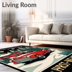 Vintage Red Truck Winter Cabin Scene Rug
