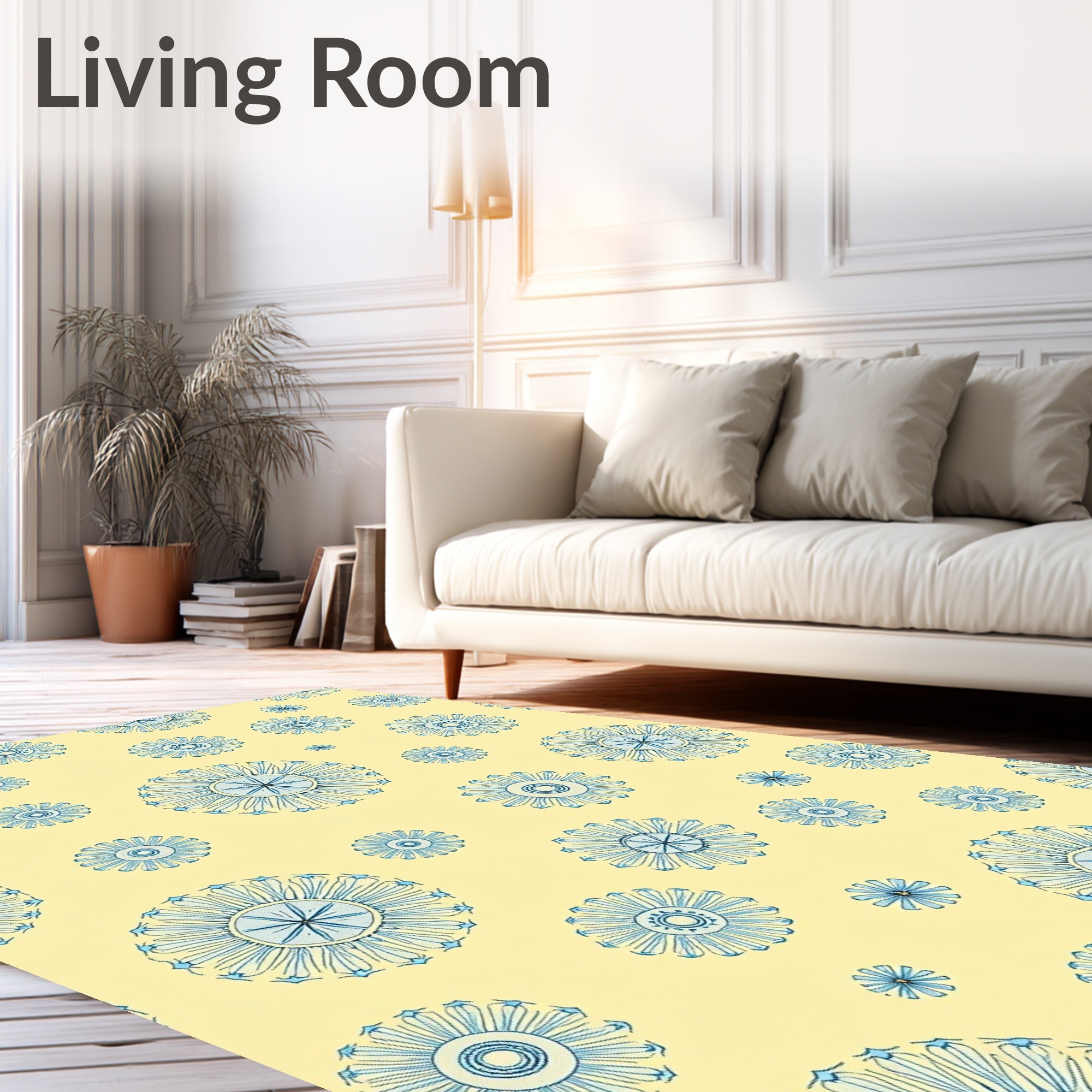 Pale Yellow Blue Floral Medallion Rug