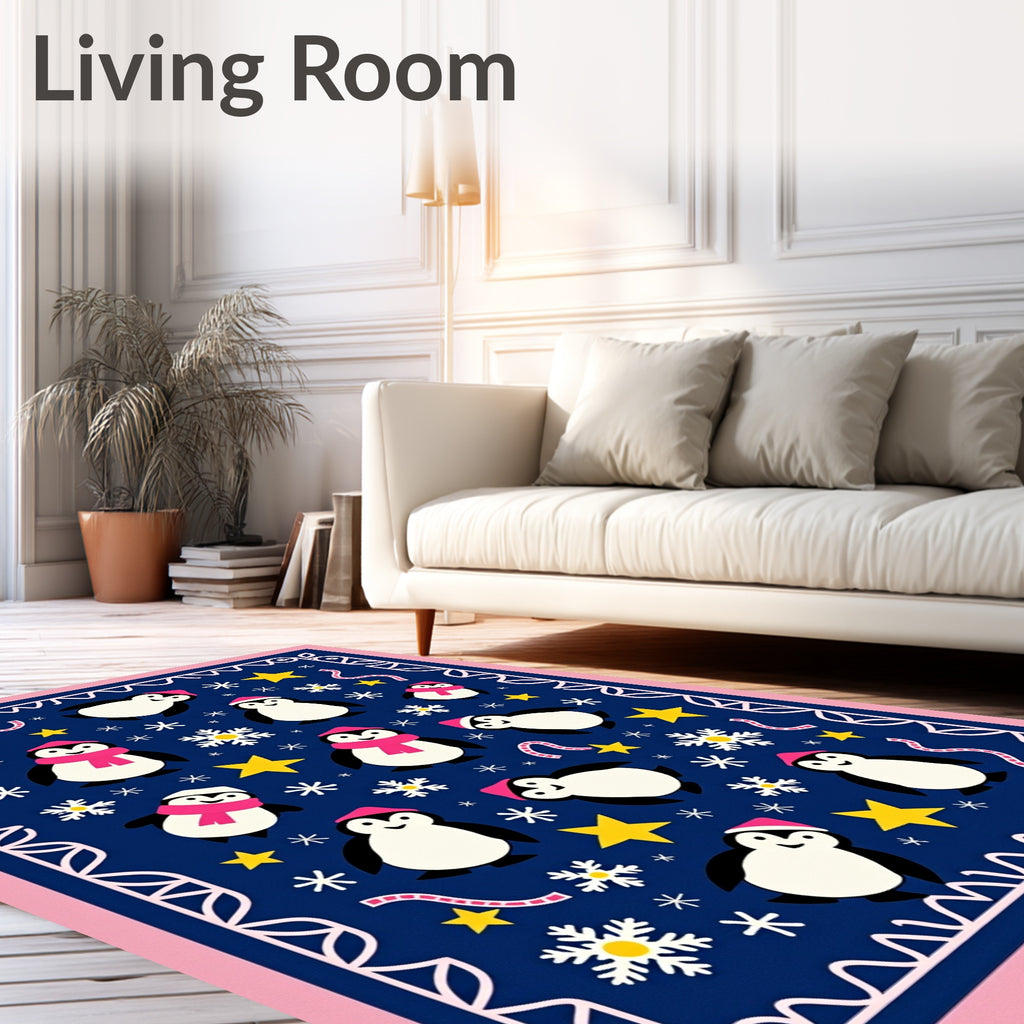 Cute Penguin Winter Wonderland Stars Rug