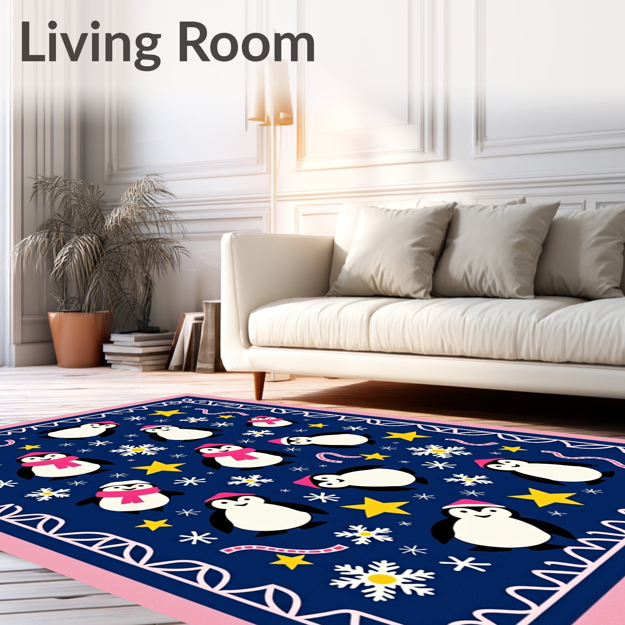 Cute Penguin Winter Wonderland Stars Rug