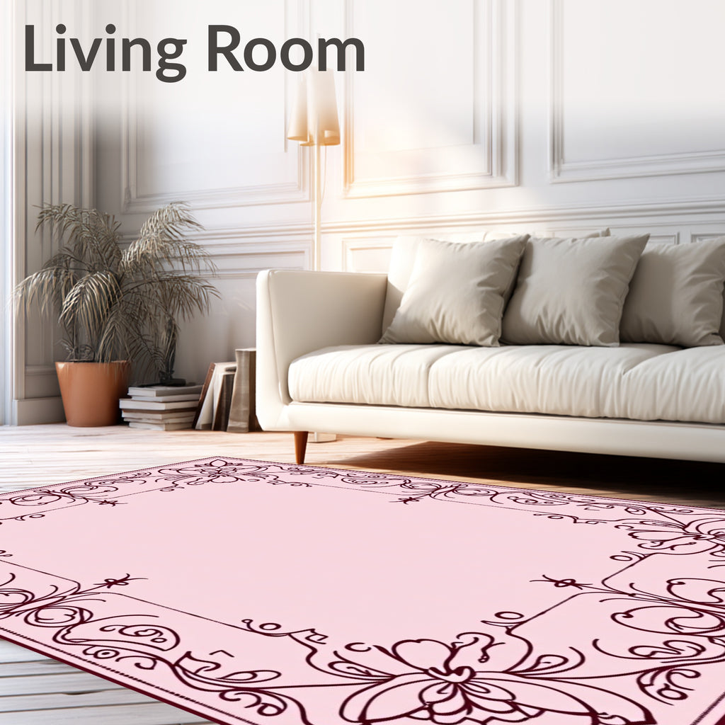 Elegant Pink Floral Scroll Border Rug