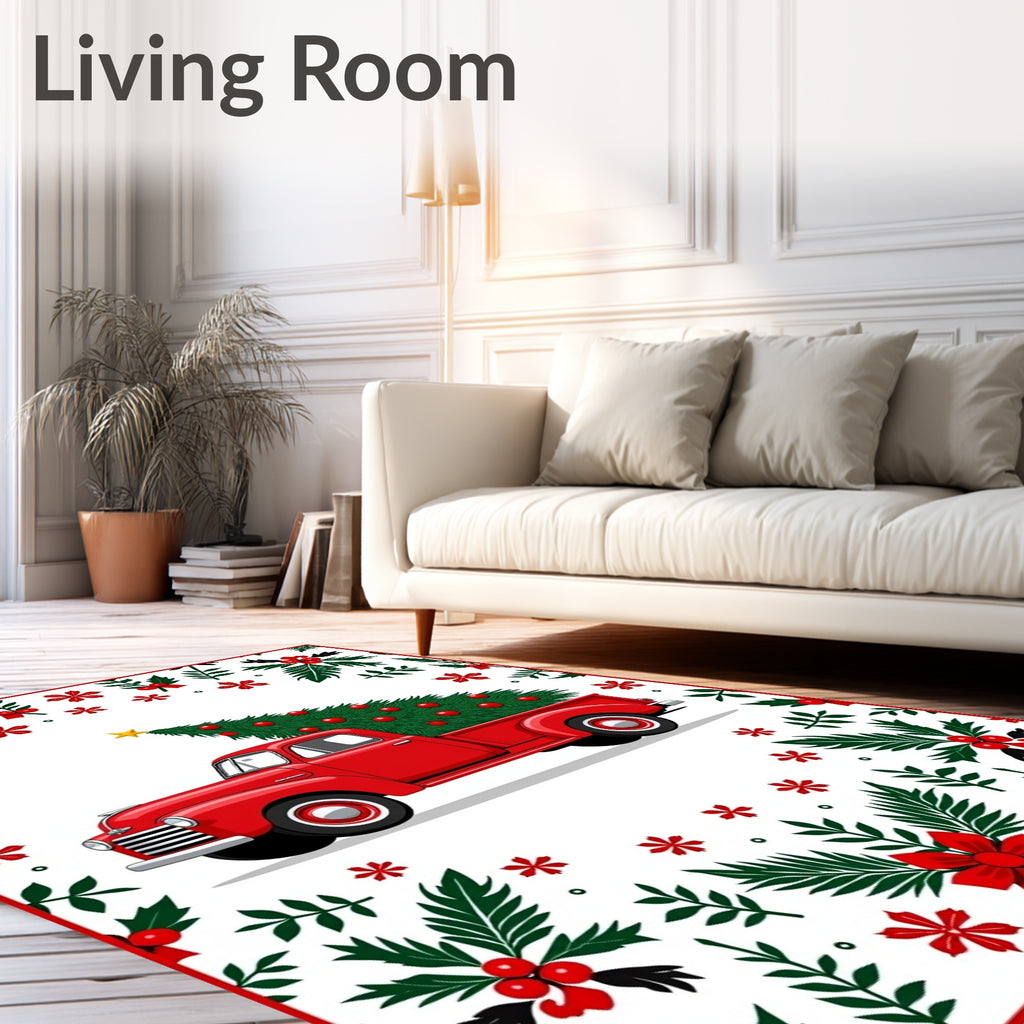 Vintage Red Truck Christmas Tree Border Rug