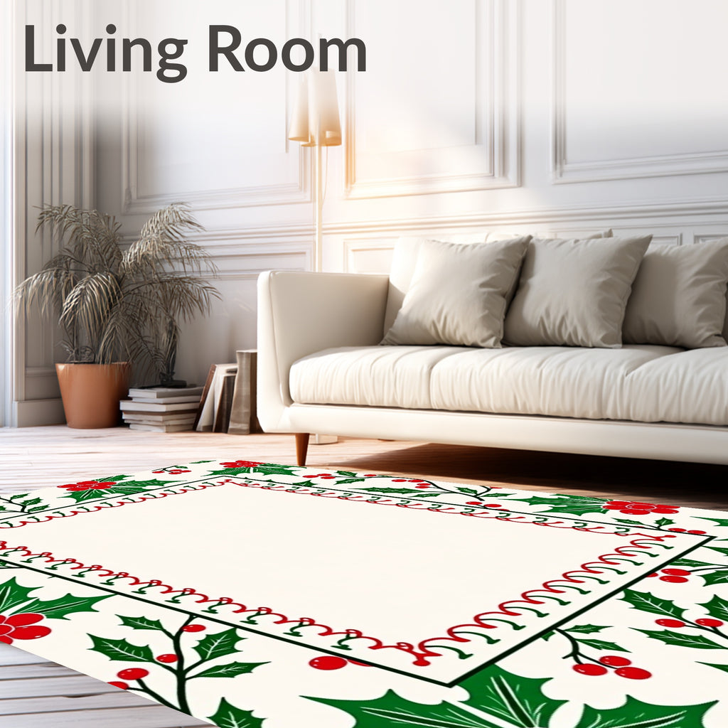 Festive Red Green Holly Berry Border Rug