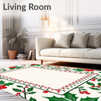 Festive Red Green Holly Berry Border Rug