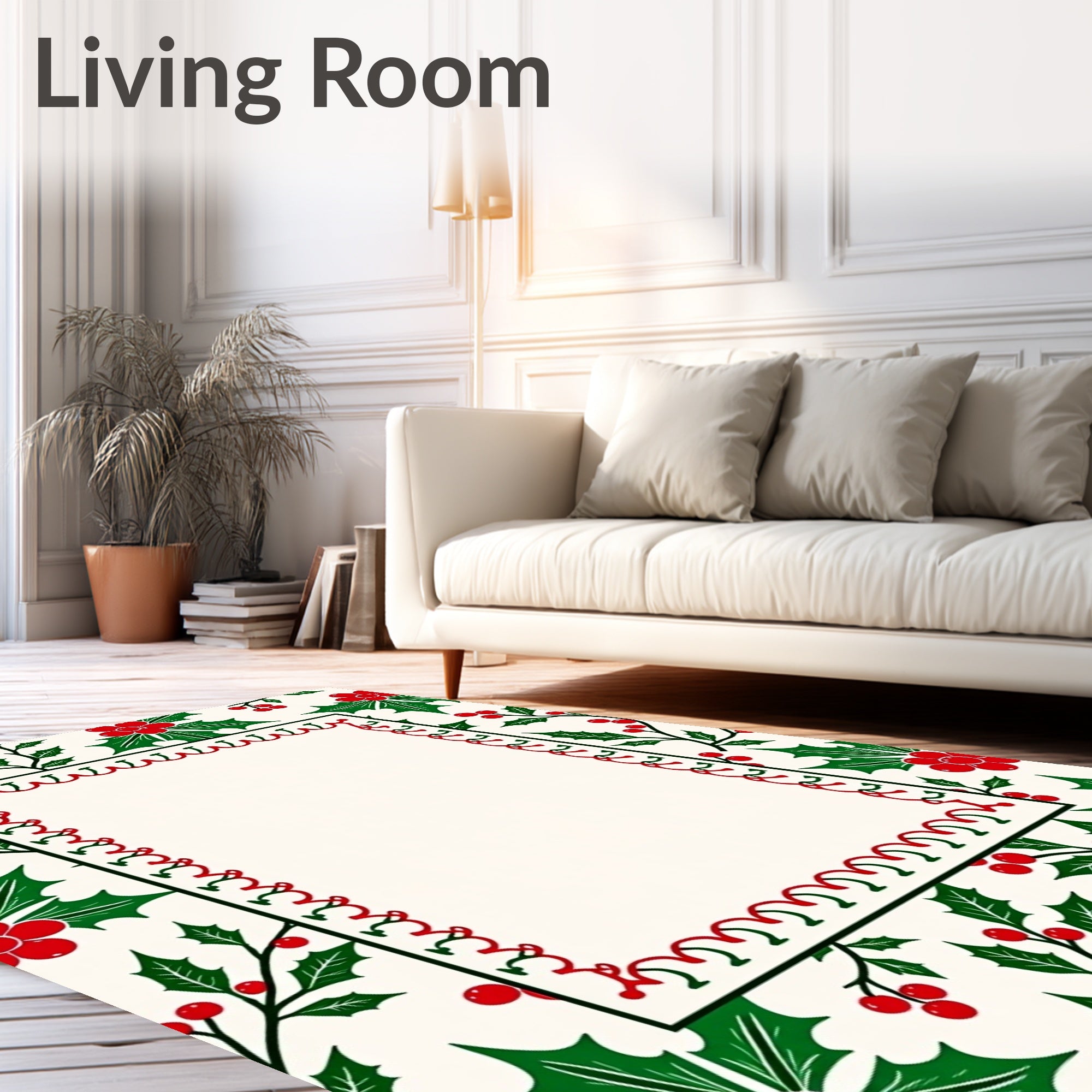 Festive Red Green Holly Berry Border Rug