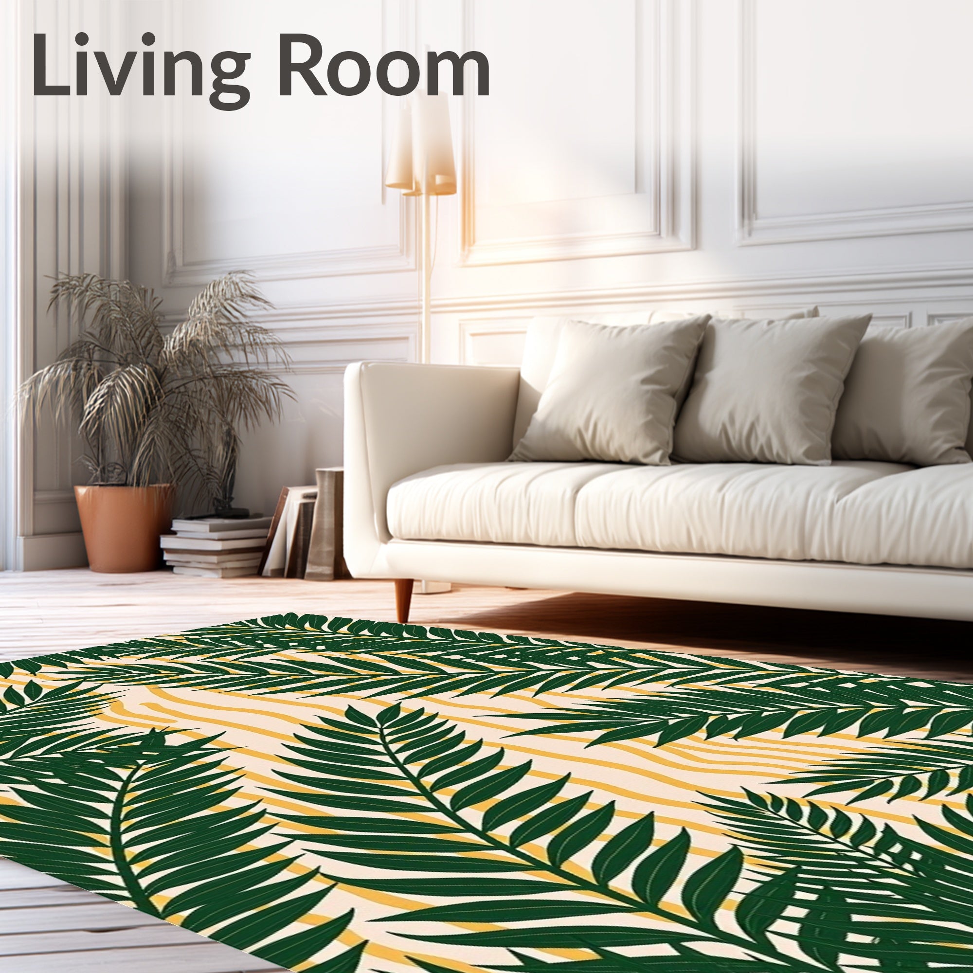 Deep Green Palm Fronds Yellow Swirls Rug