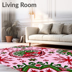 Festive Red Green Bell Snowflake Medallion Rug