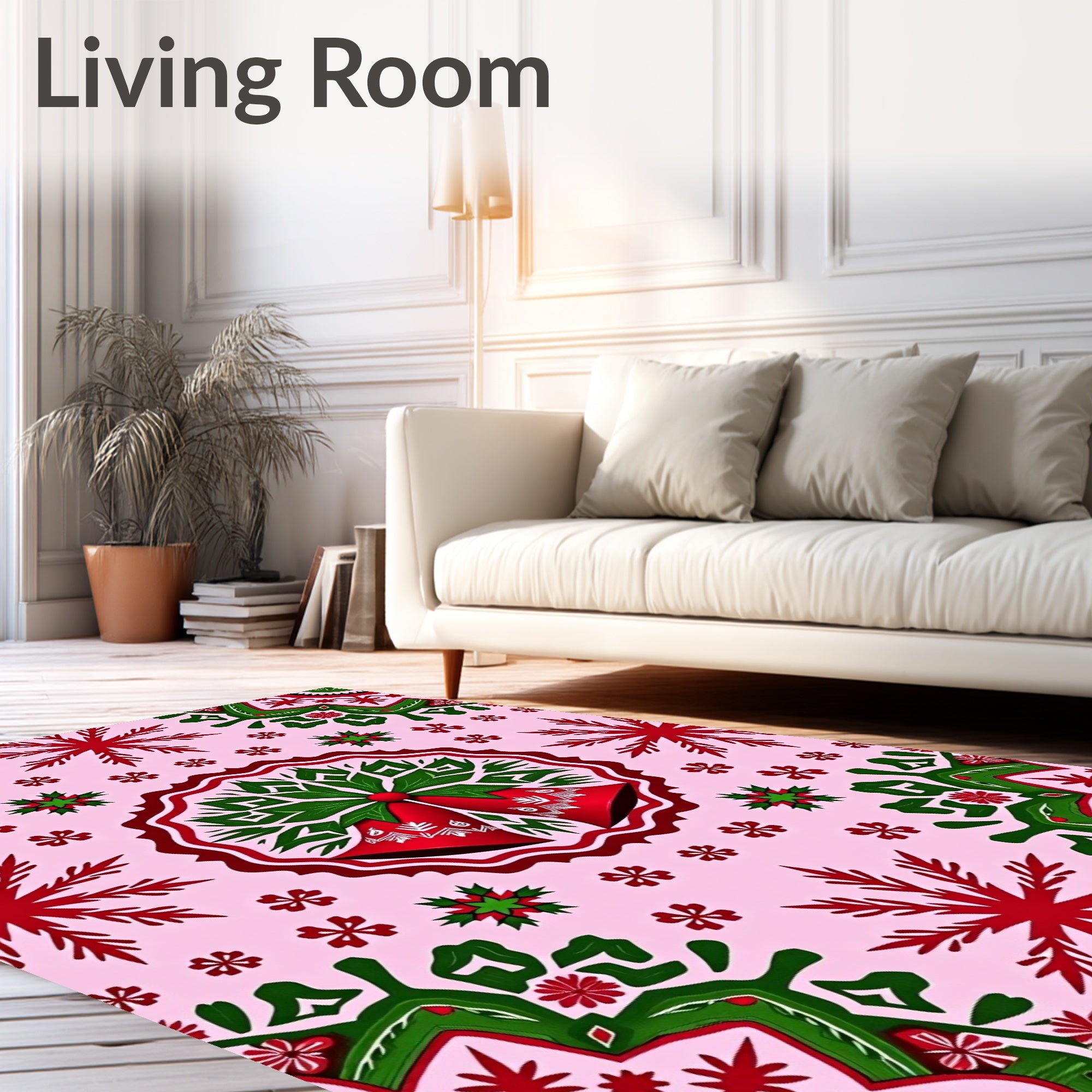 Festive Red Green Bell Snowflake Medallion Rug