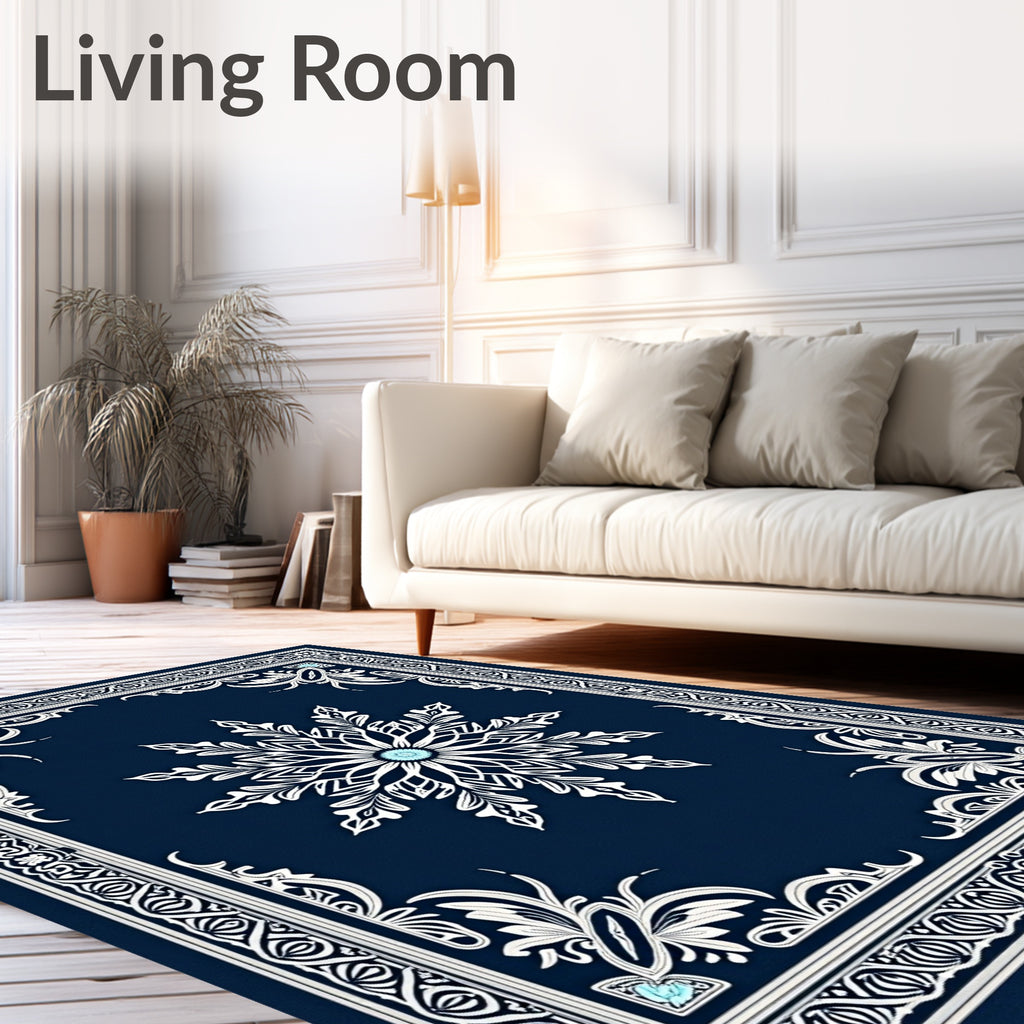 Deep Blue White Snowflake Medallion Rug