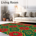 Red Green Golden Floral Geometric Rug