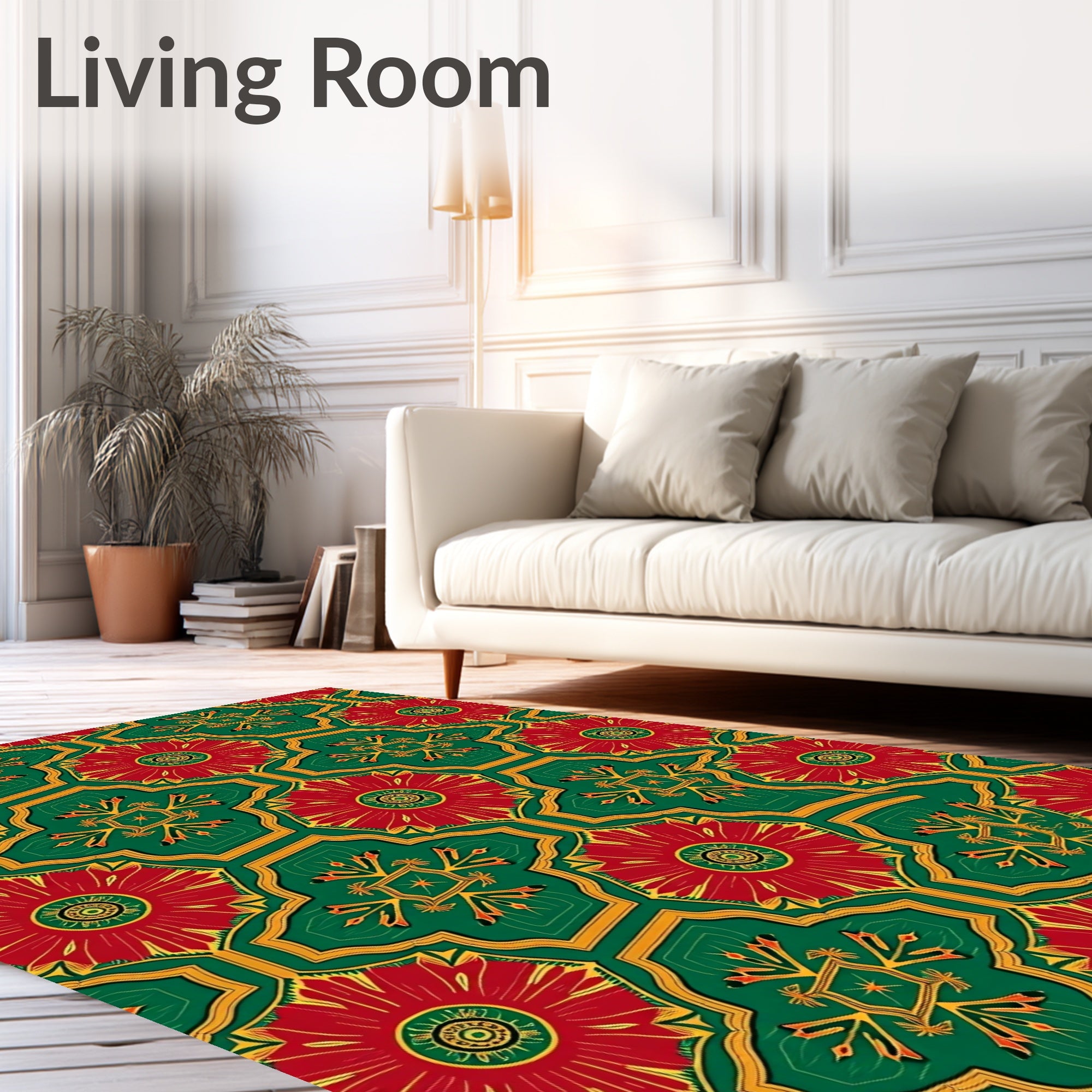 Red Green Golden Floral Geometric Rug