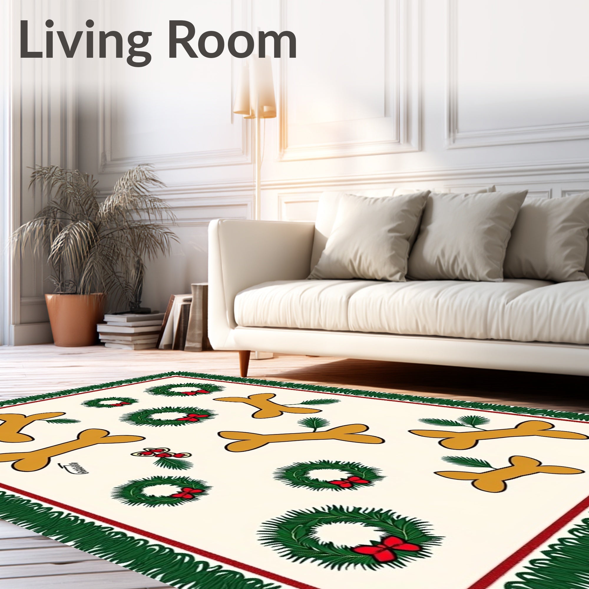 Whimsical Bone Wreath Holiday Scene Rug