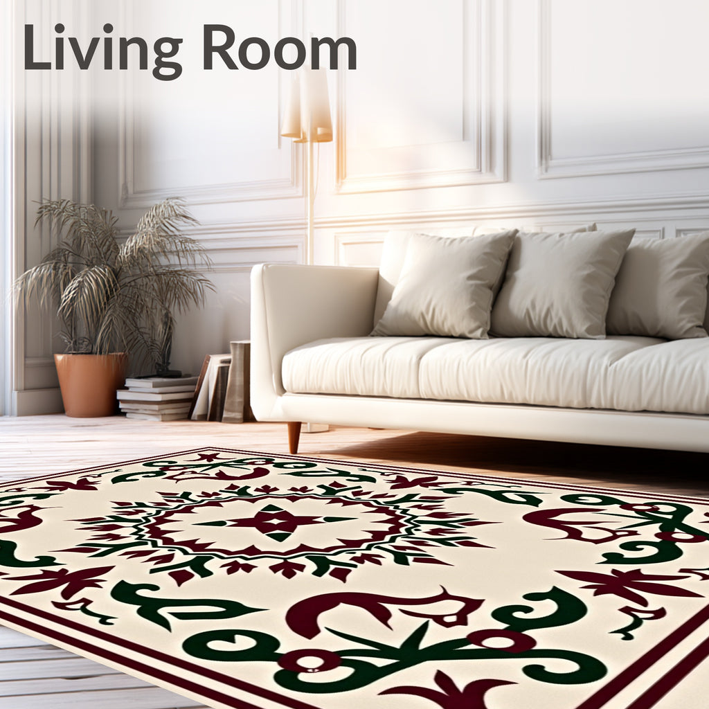 Deep Burgundy Emerald Scroll Medallion Rug