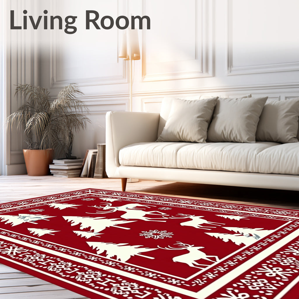 Crimson Winter Forest Reindeer Scene Rug
