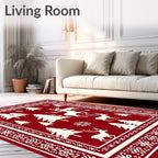 Crimson Winter Forest Reindeer Scene Rug