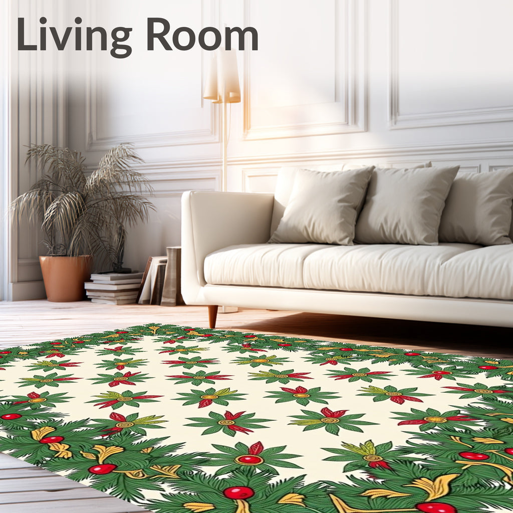 Festive Green Christmas Holly Border Rug