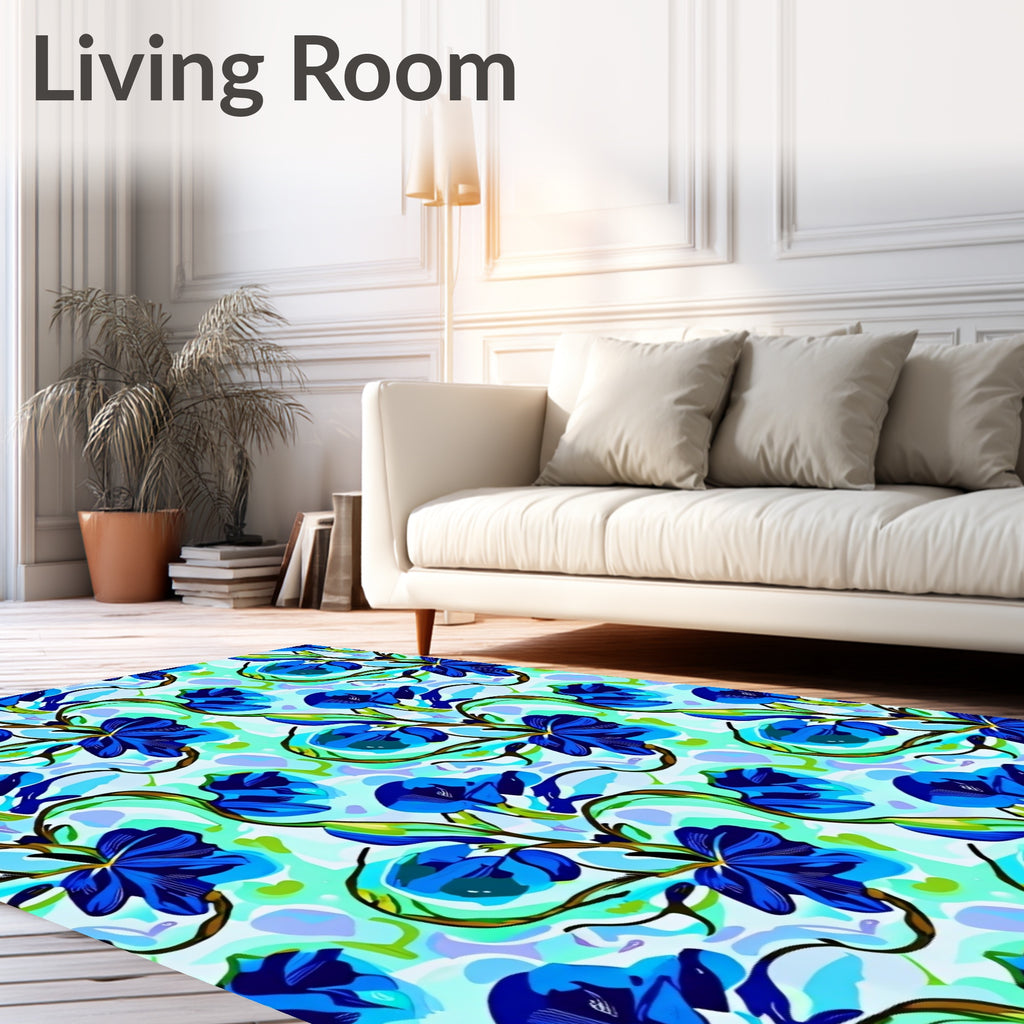 Vivid Blue Blooming Vine Swirls Rug
