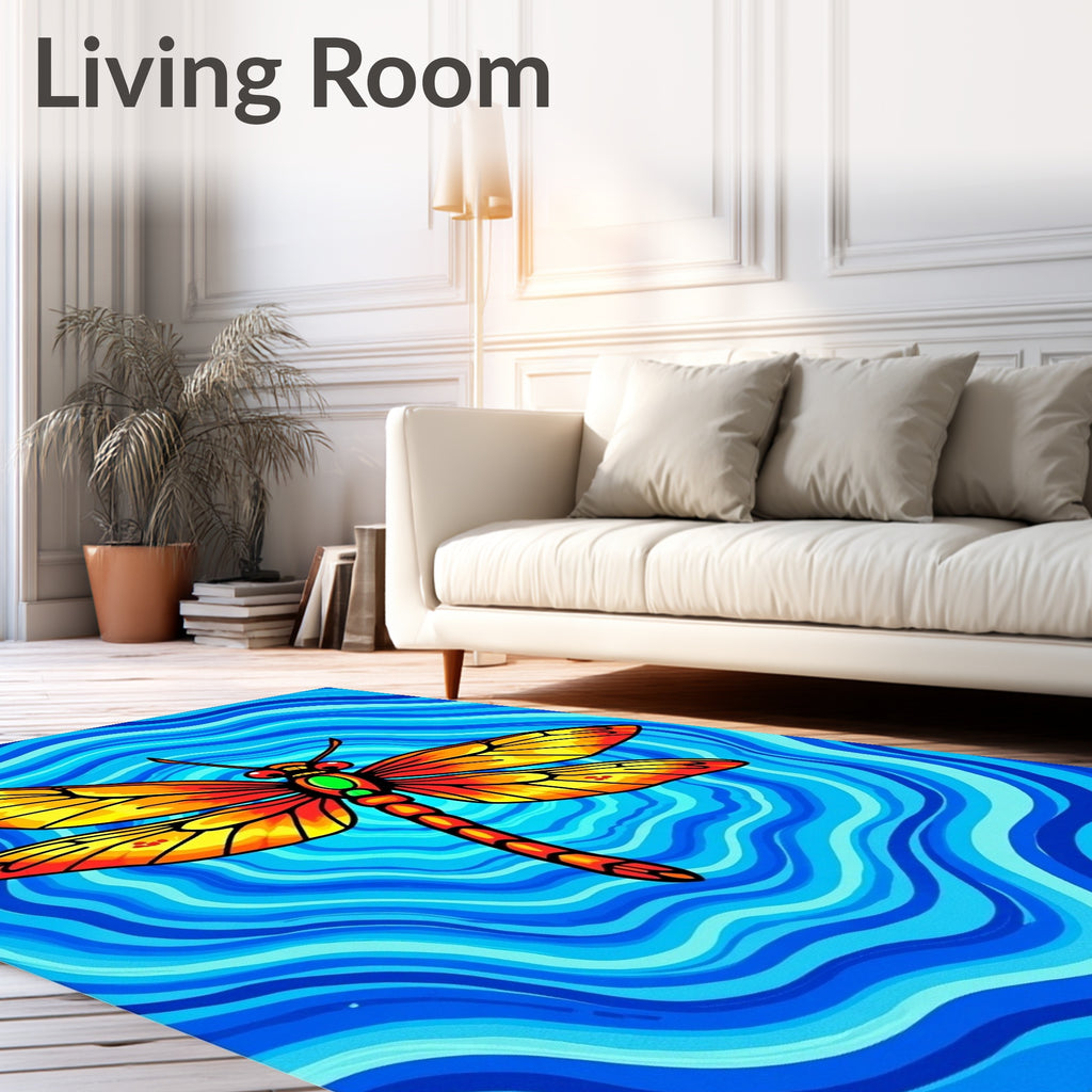 Vibrant Orange Dragonfly Blue Waves Rug