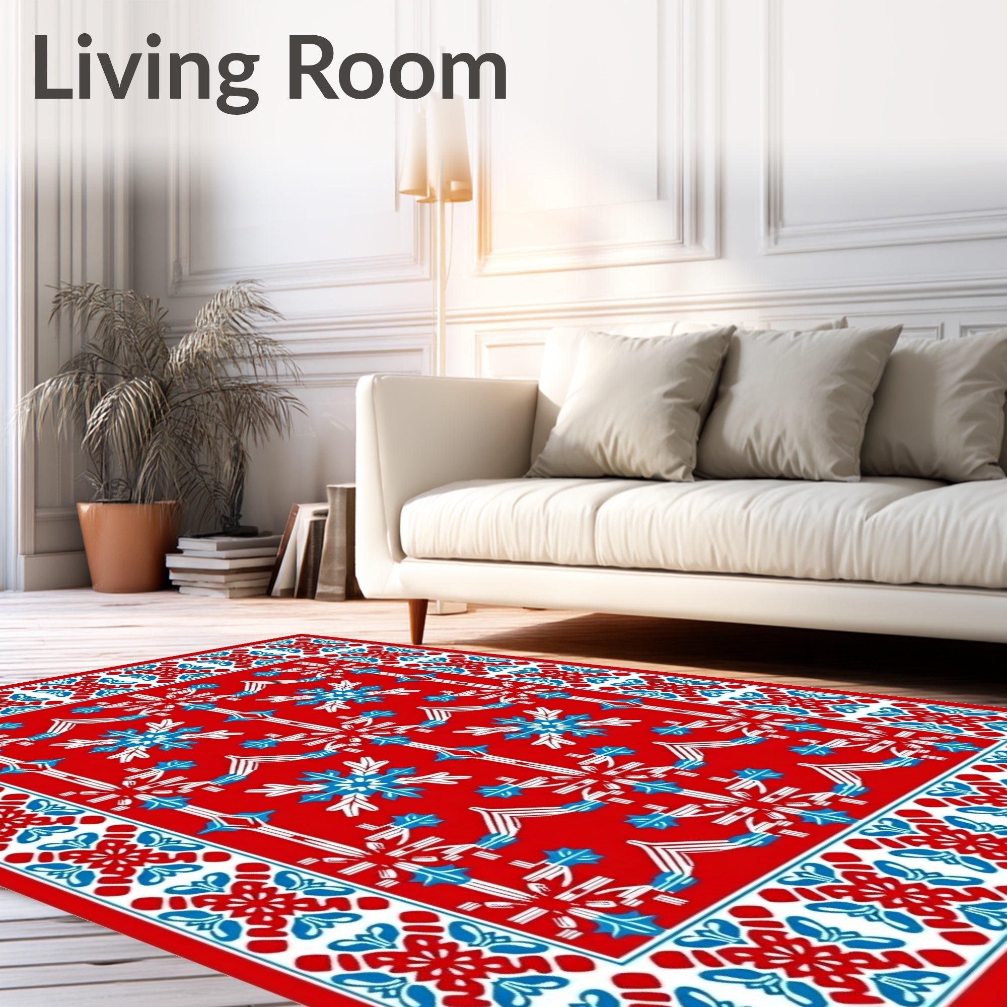 Bold Red Blue Snowflakes Geometric Rug