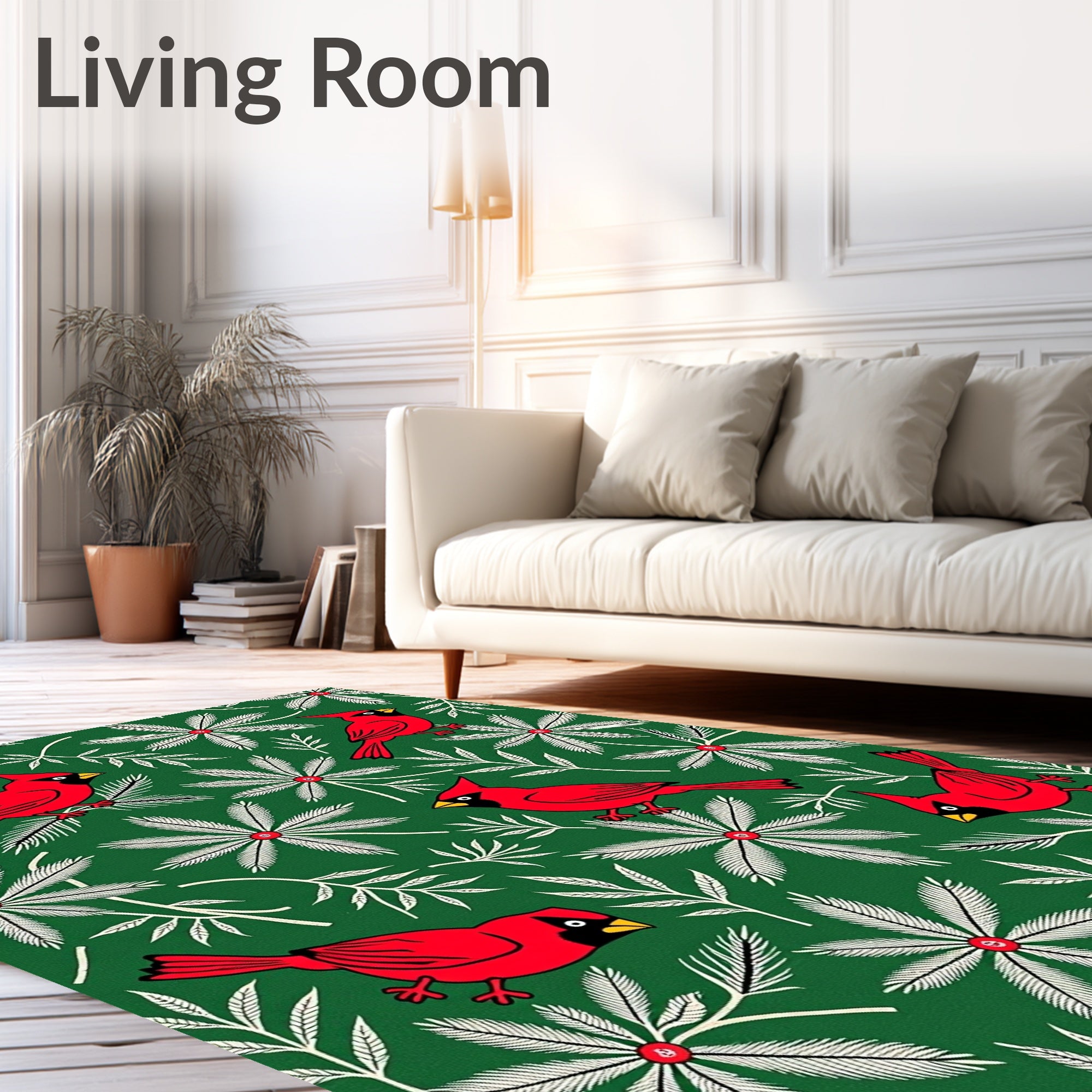 Vibrant Red Cardinal Green Floral Rug