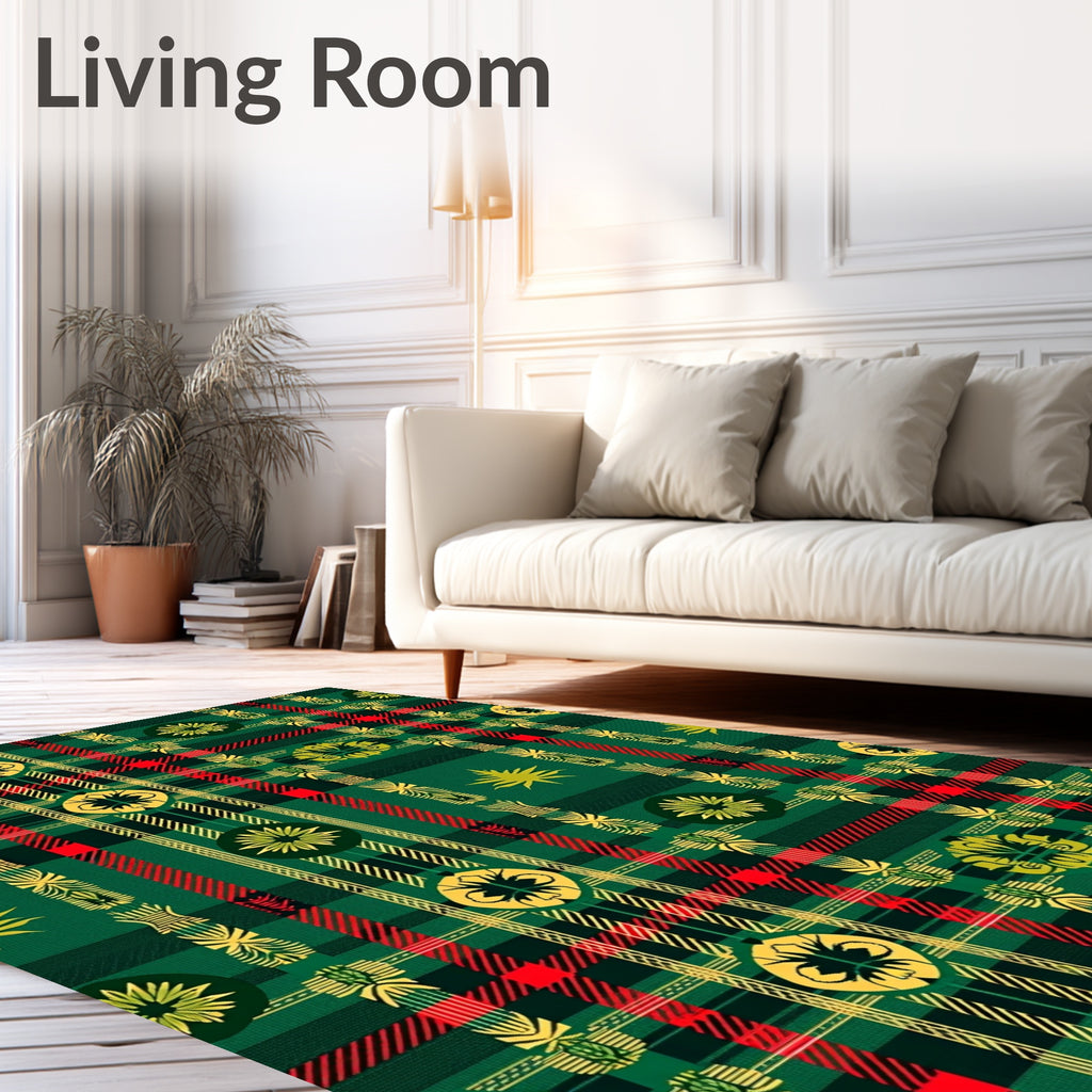 Green Red Gold Plaid Floral Rug