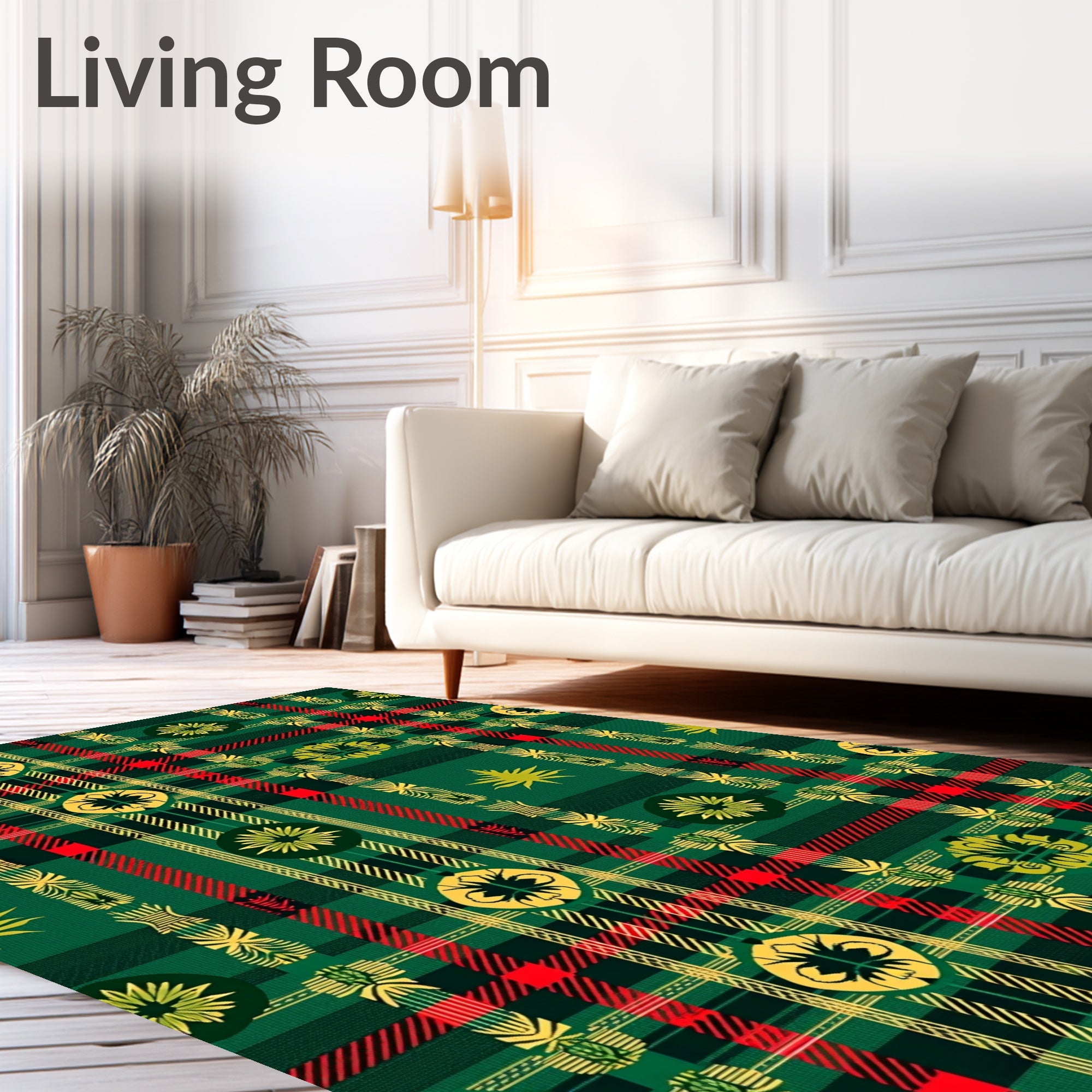 Green Red Gold Plaid Floral Rug