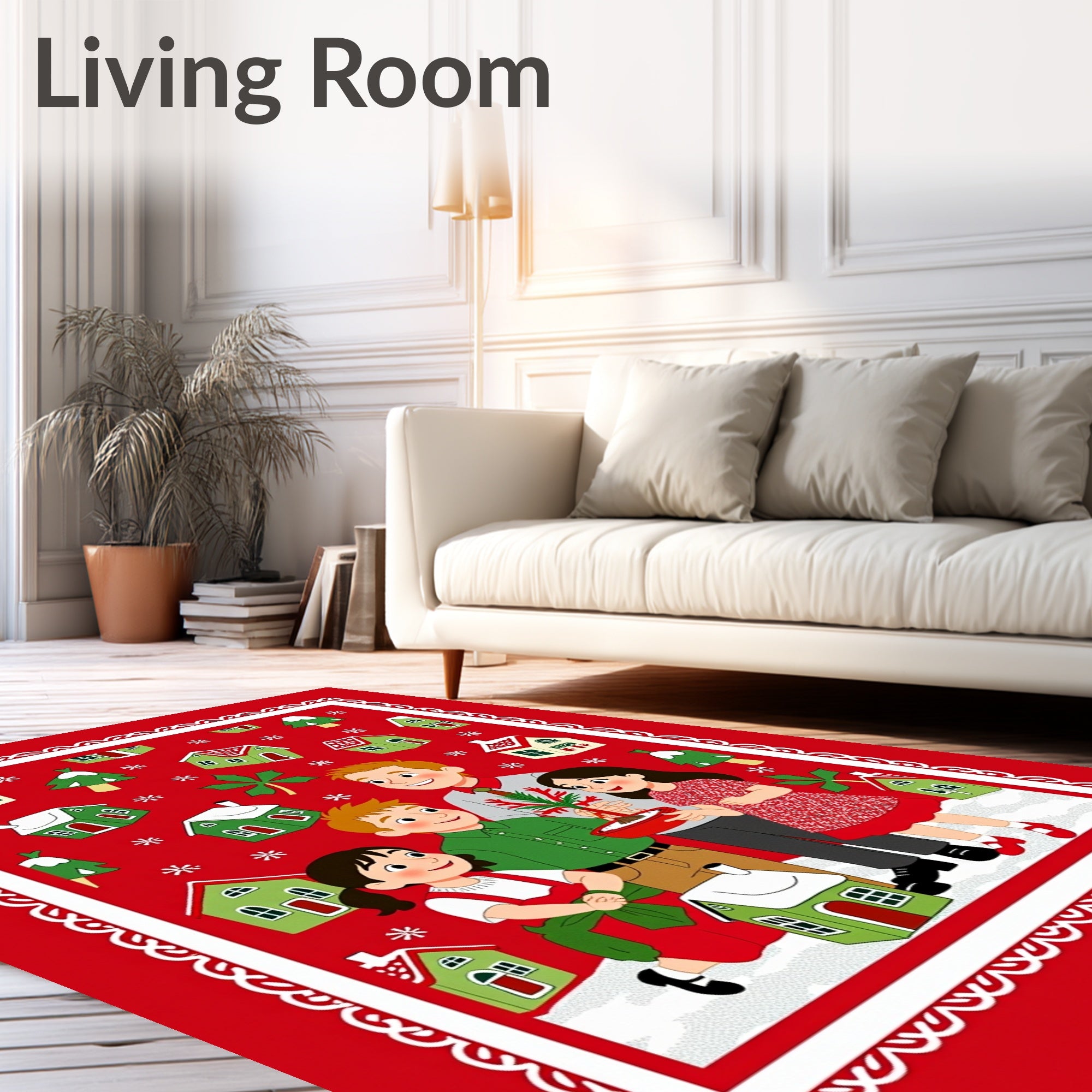Merry Christmas Family Village Scene Rug