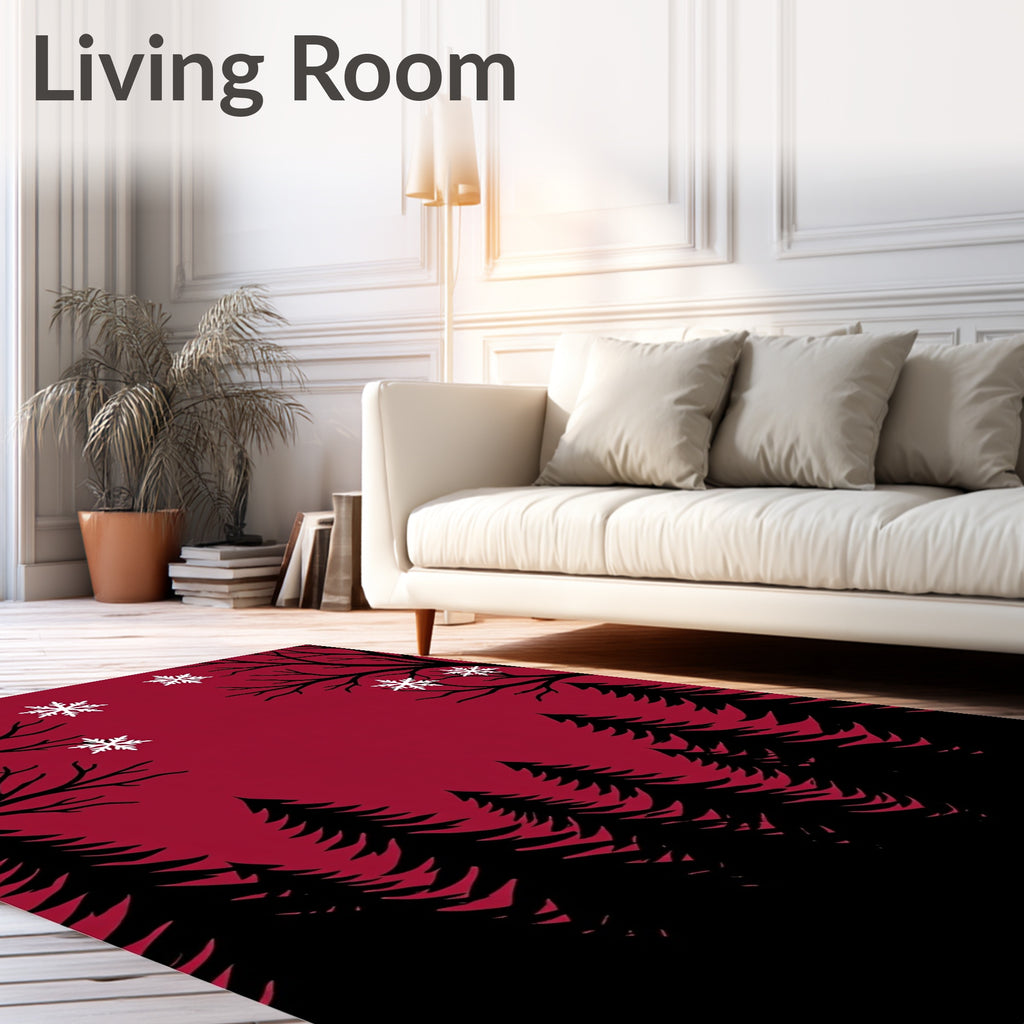 Crimson Bare Trees Snowfall Forest Rug