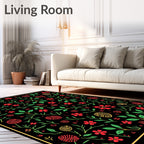 Red Floral Vine Botanical Black Rug